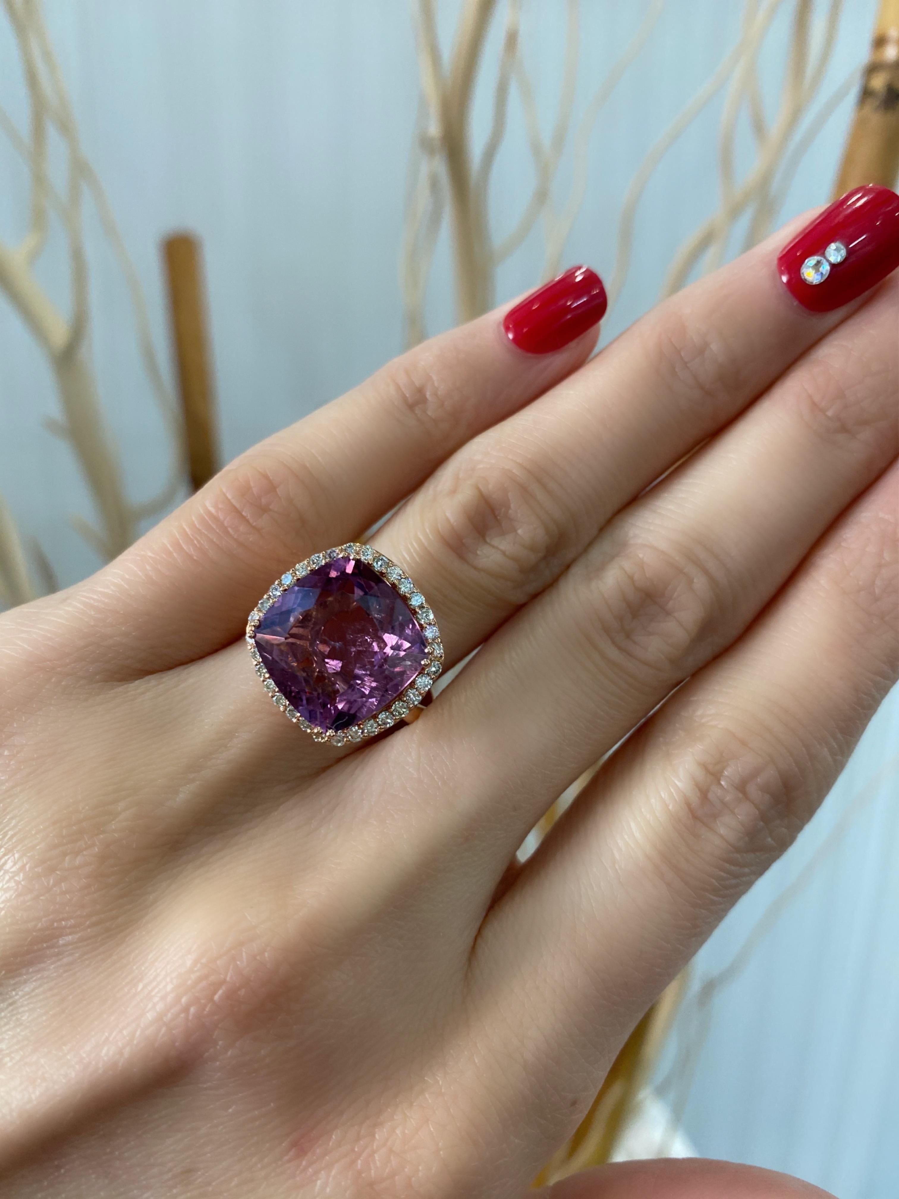 Pink Tourmaline Rubellite Cushion Diamond Halo Pave Unique Cocktail 18 Gold Ring For Sale 5
