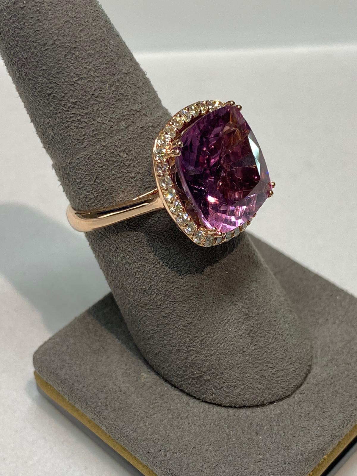 Modern Pink Tourmaline Rubellite Cushion Diamond Halo Pave Unique Cocktail 18 Gold Ring For Sale