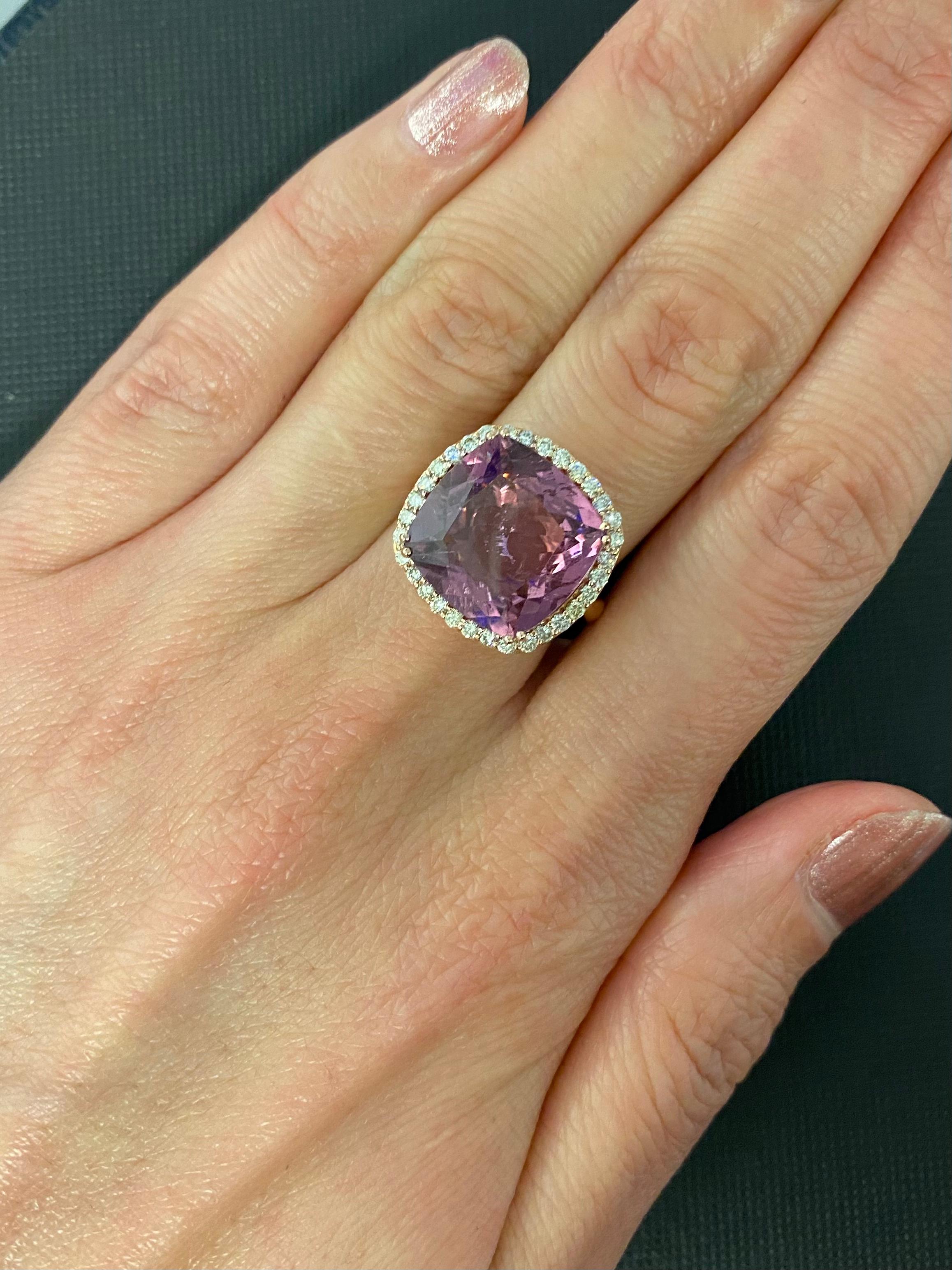 Women's or Men's Pink Tourmaline Rubellite Cushion Diamond Halo Pave Unique Cocktail 18 Gold Ring For Sale