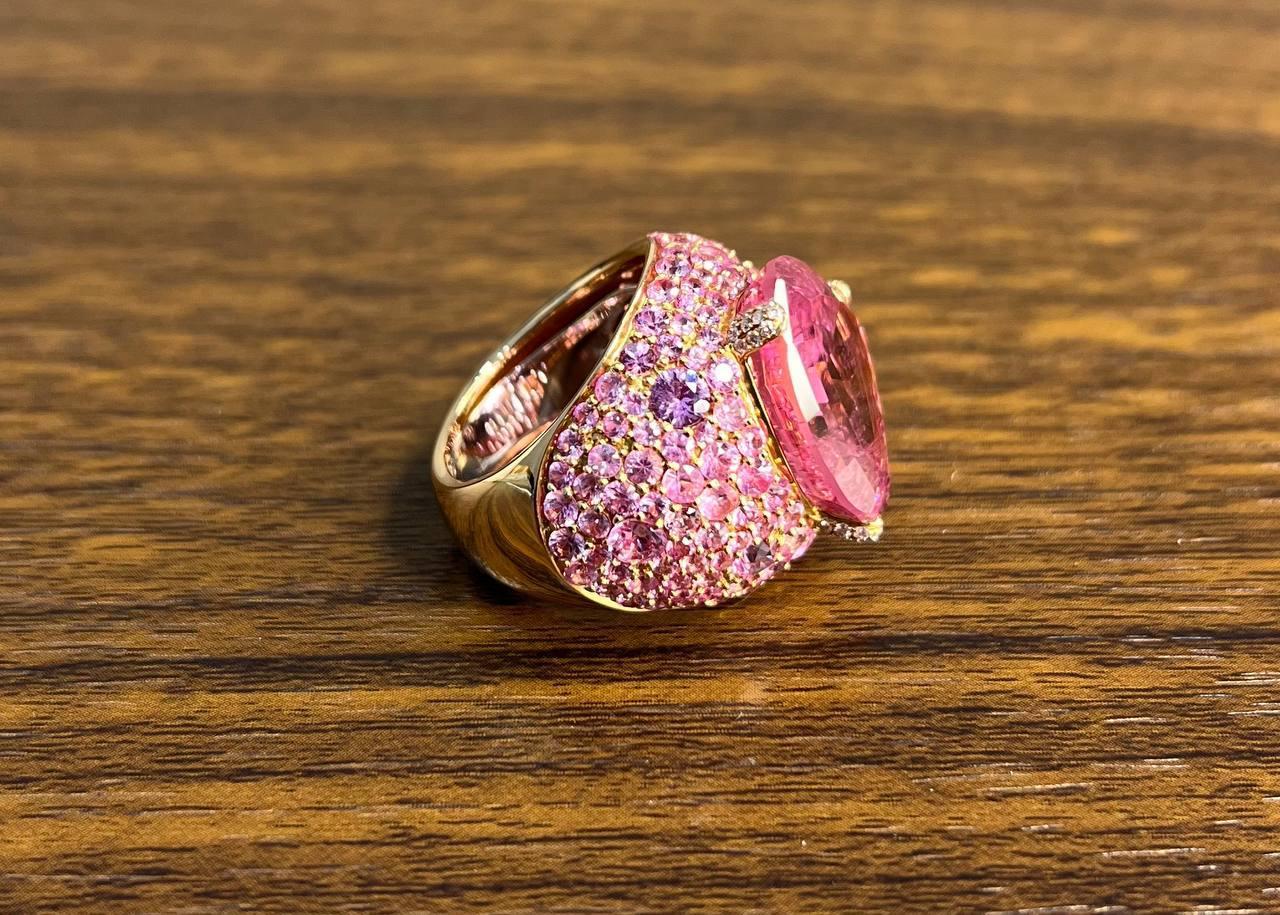 Pink Tourmaline Rubellite Pink Sapphire Diamond Pave 18K Rose Gold Unique Ring For Sale 5
