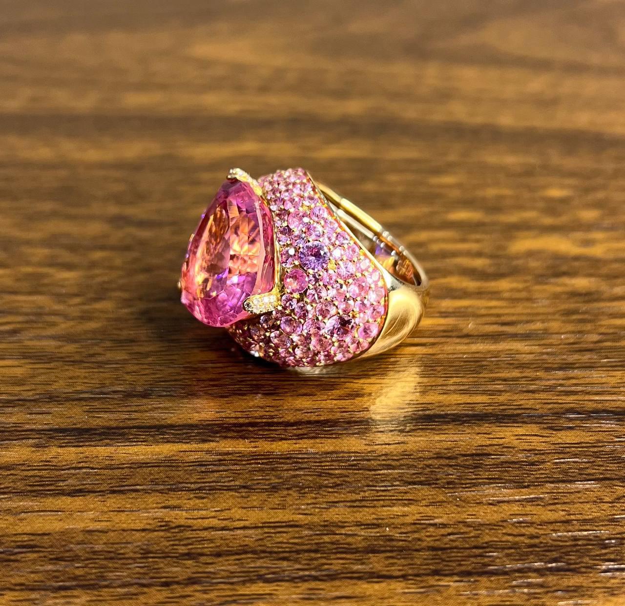 Pink Tourmaline Rubellite Pink Sapphire Diamond Pave 18K Rose Gold Unique Ring For Sale 6
