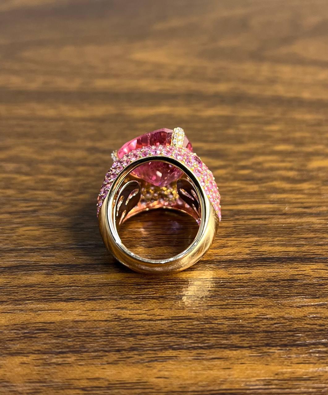 Pink Tourmaline Rubellite Pink Sapphire Diamond Pave 18K Rose Gold Unique Ring For Sale 7