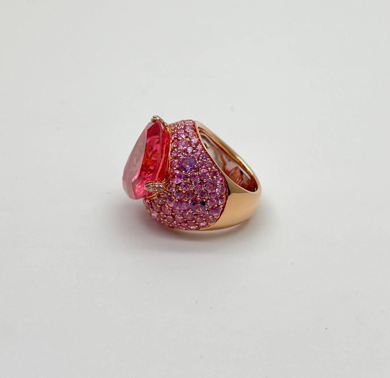 Mixed Cut Pink Tourmaline Rubellite Pink Sapphire Diamond Pave 18K Rose Gold Unique Ring For Sale