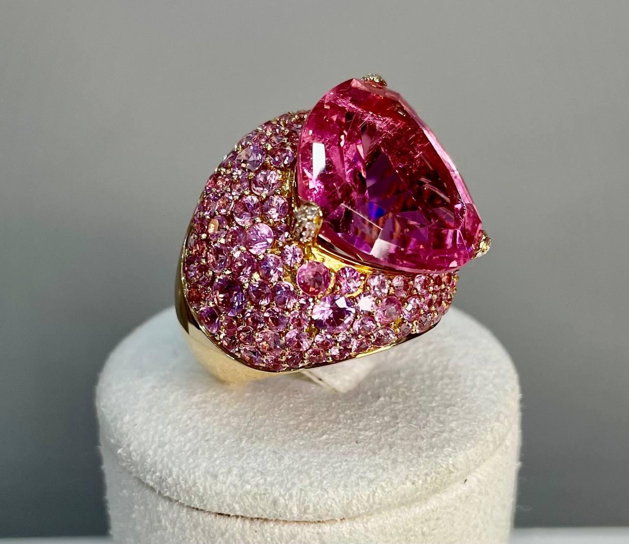 Pink Tourmaline Rubellite Pink Sapphire Diamond Pave 18K Rose Gold Unique Ring In New Condition For Sale In Oakton, VA