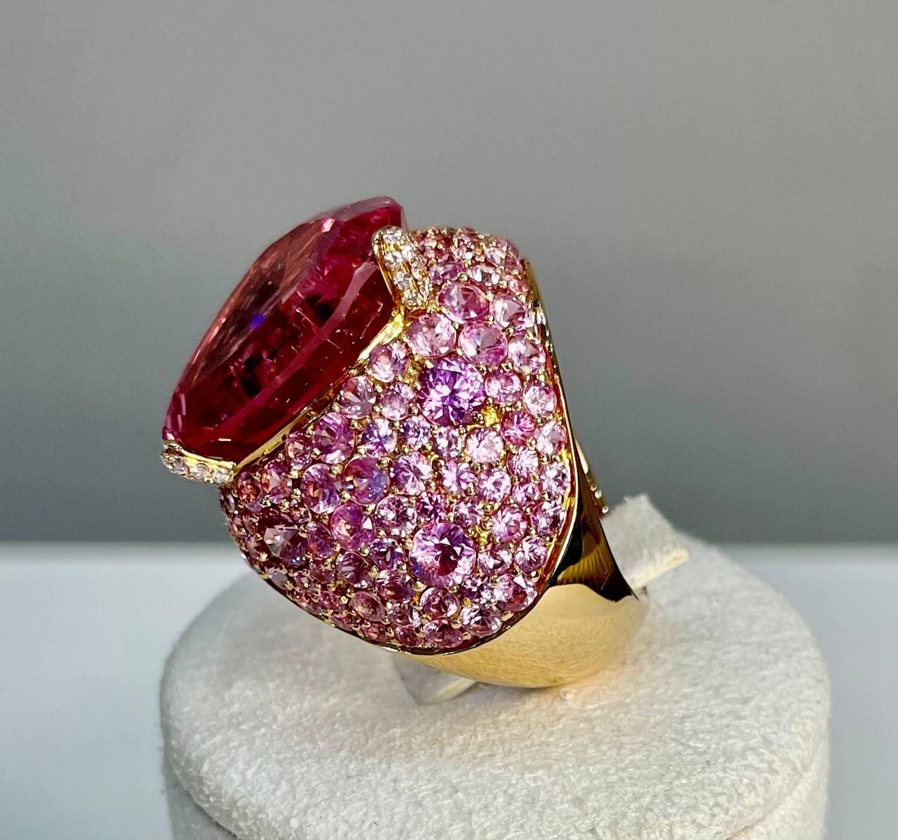 Women's Pink Tourmaline Rubellite Pink Sapphire Diamond Pave 18K Rose Gold Unique Ring For Sale