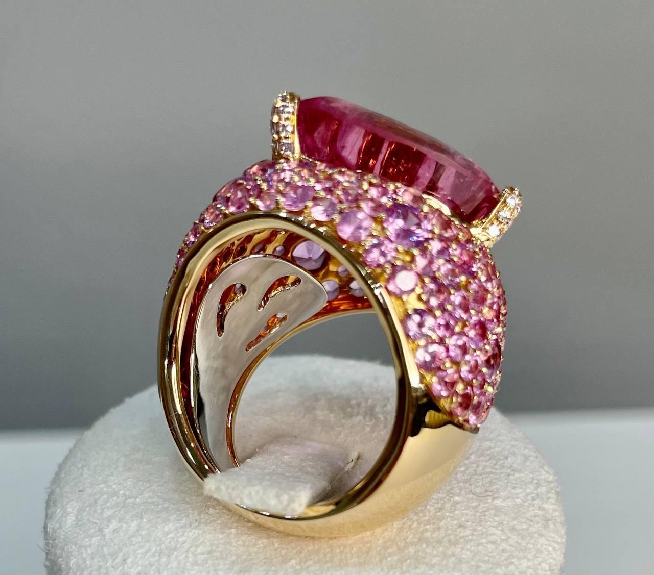 Pink Tourmaline Rubellite Pink Sapphire Diamond Pave 18K Rose Gold Unique Ring For Sale 1