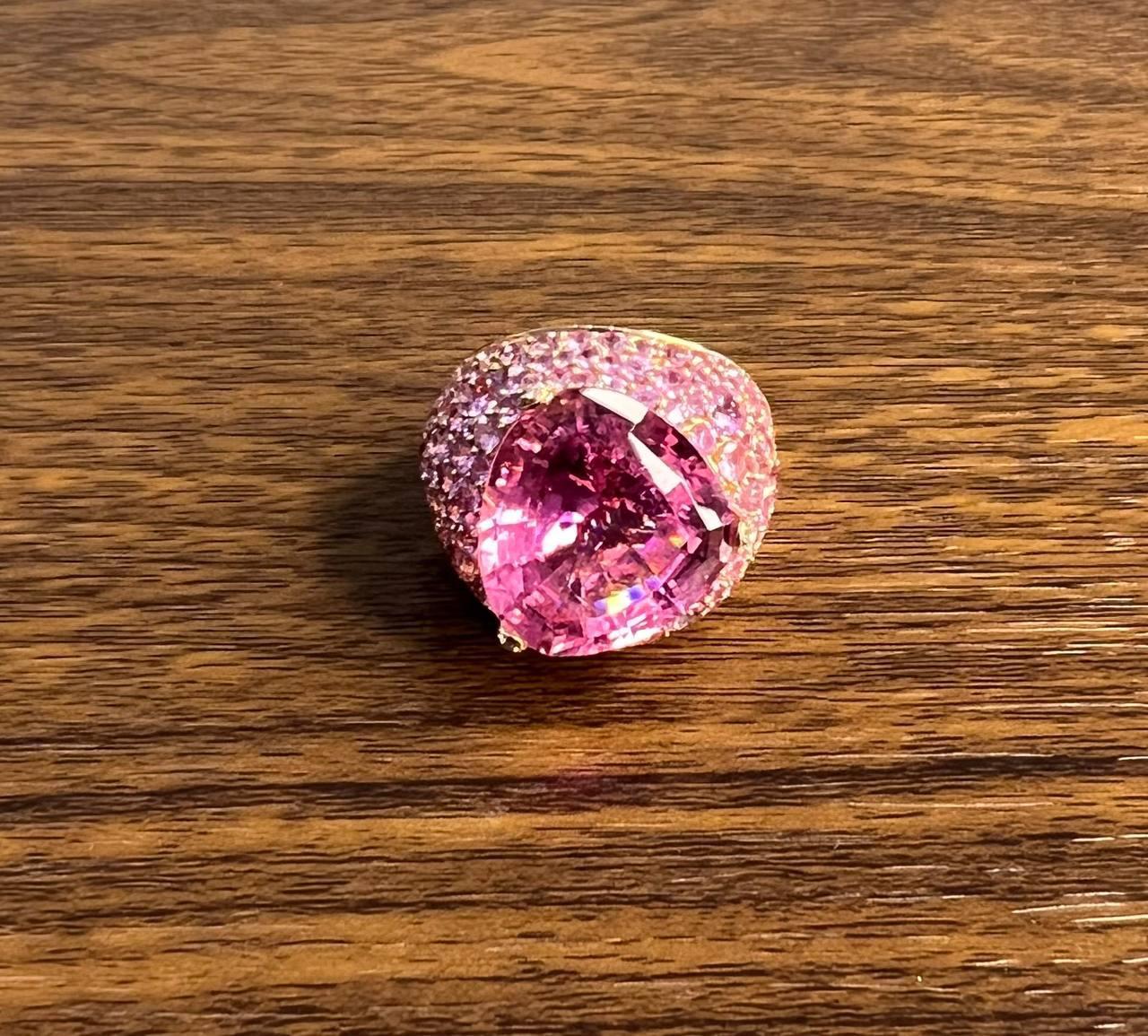 Pink Tourmaline Rubellite Pink Sapphire Diamond Pave 18K Rose Gold Unique Ring For Sale 2