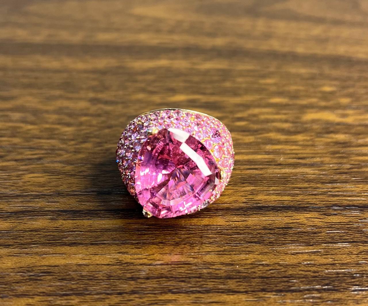 Pink Tourmaline Rubellite Pink Sapphire Diamond Pave 18K Rose Gold Unique Ring For Sale 3