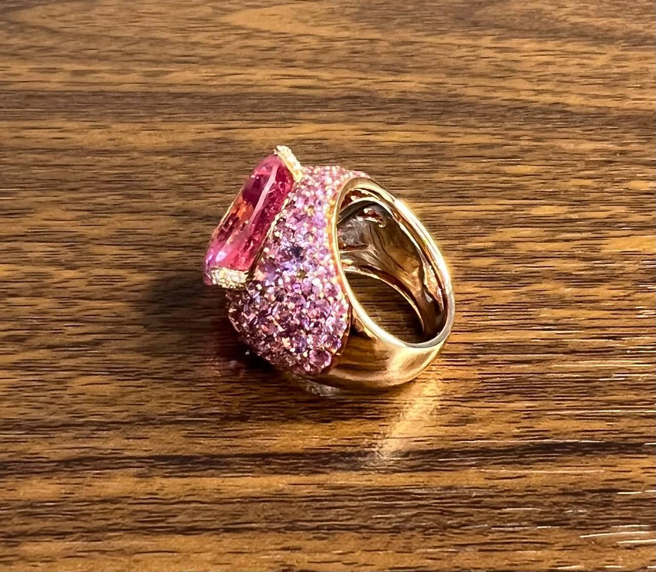 Pink Tourmaline Rubellite Pink Sapphire Diamond Pave 18K Rose Gold Unique Ring For Sale 4