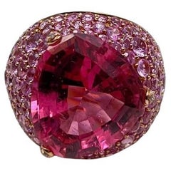 Bague unique en or rose 18 carats, tourmaline rose, rubellite, saphir rose, diamant pavé