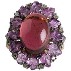 Pink Tourmaline, Ruby and Diamond Flower Cocktail Ring