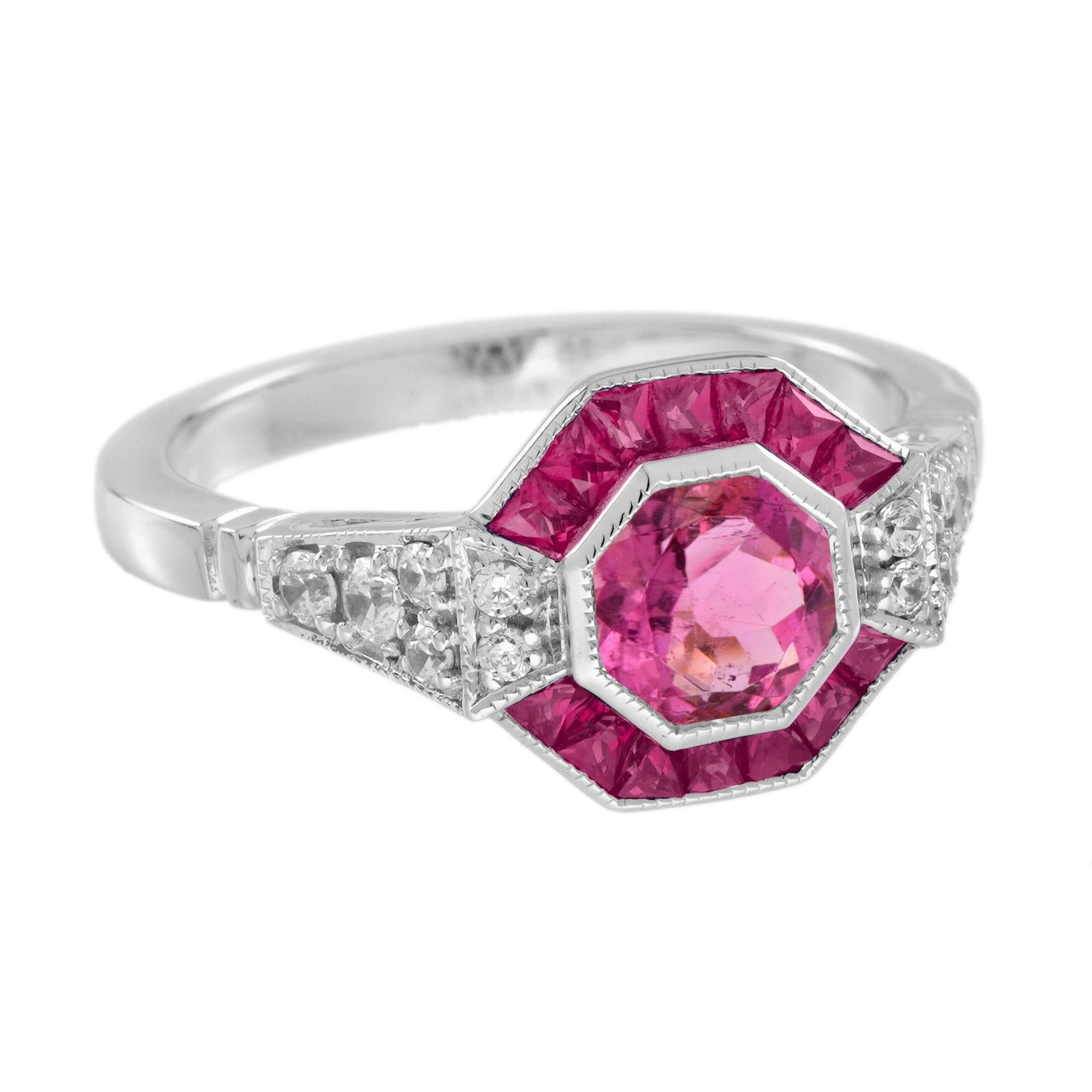 Round Cut Pink Tourmaline Ruby Diamond Art Deco Style Engagement Ring in 18K White Gold For Sale
