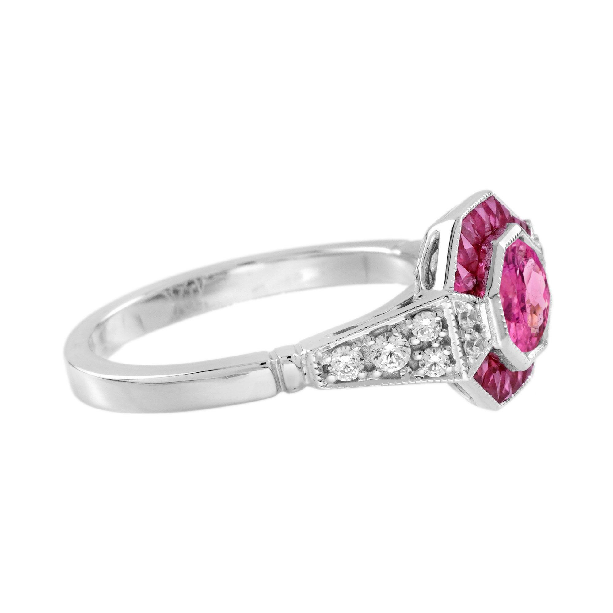 Pink Tourmaline Ruby Diamond Art Deco Style Engagement Ring in 18K White Gold In New Condition For Sale In Bangkok, TH