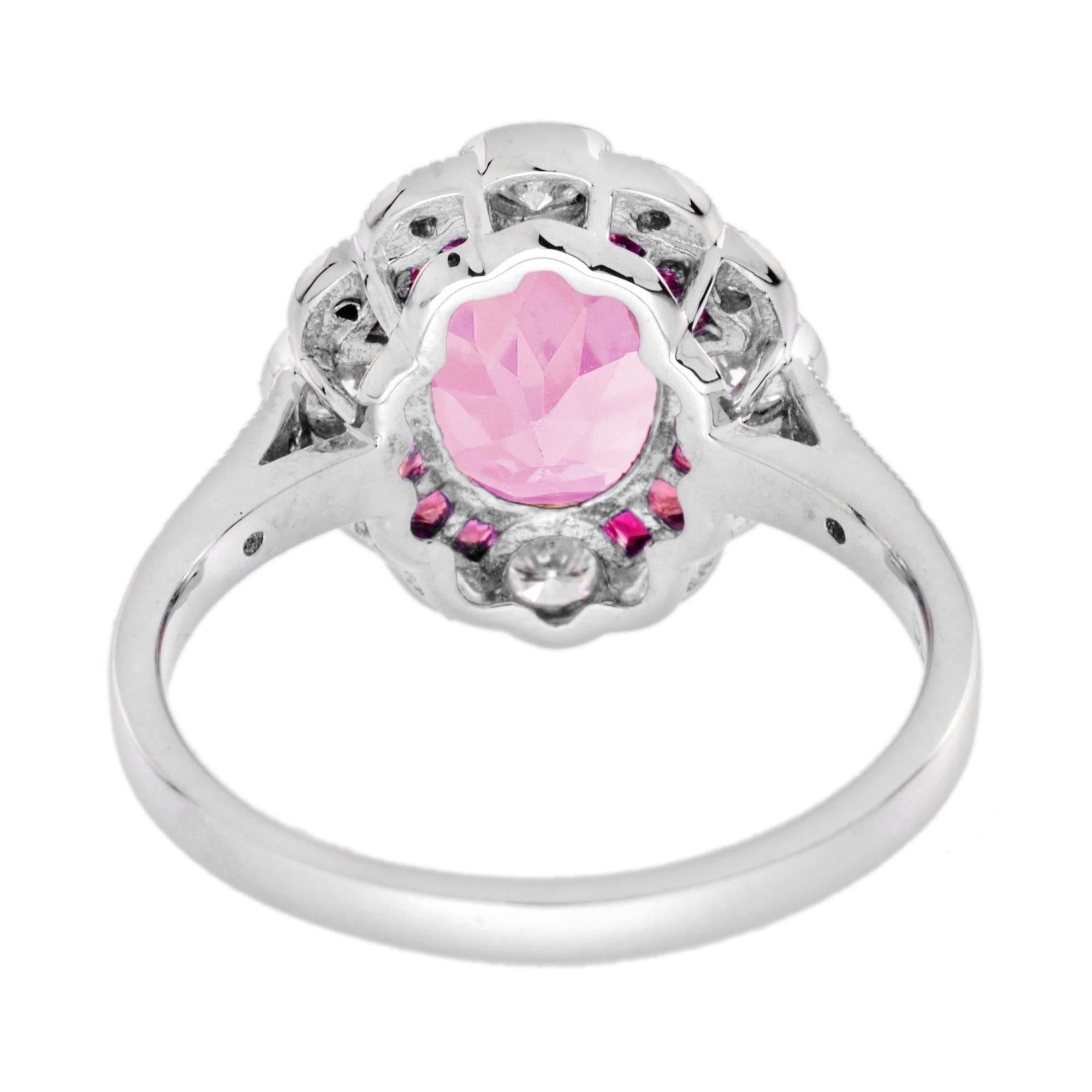 Women's Pink Tourmaline Ruby Diamond Art Deco Style Engagement Ring in 18K White Gold For Sale