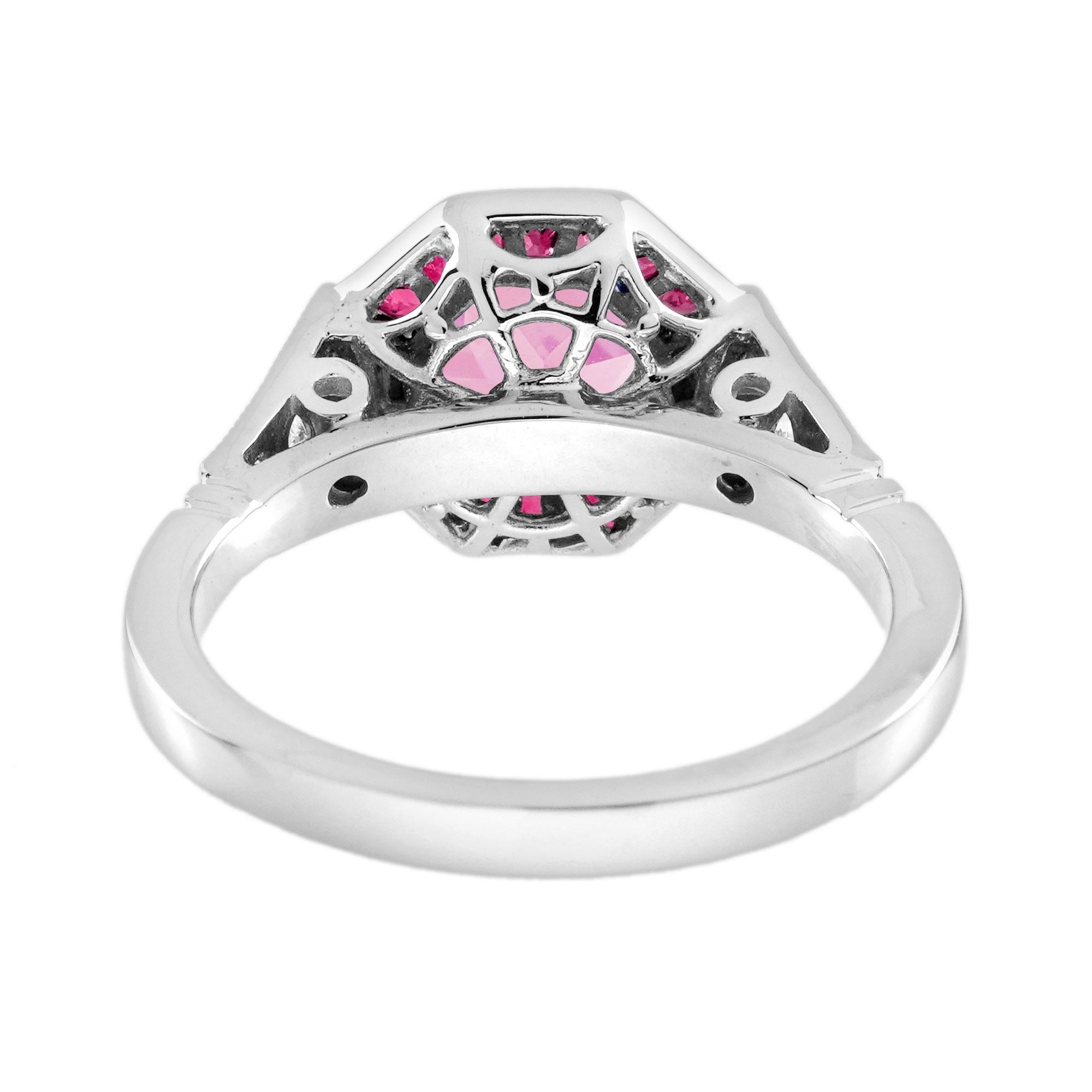 Women's Pink Tourmaline Ruby Diamond Art Deco Style Engagement Ring in 18K White Gold For Sale