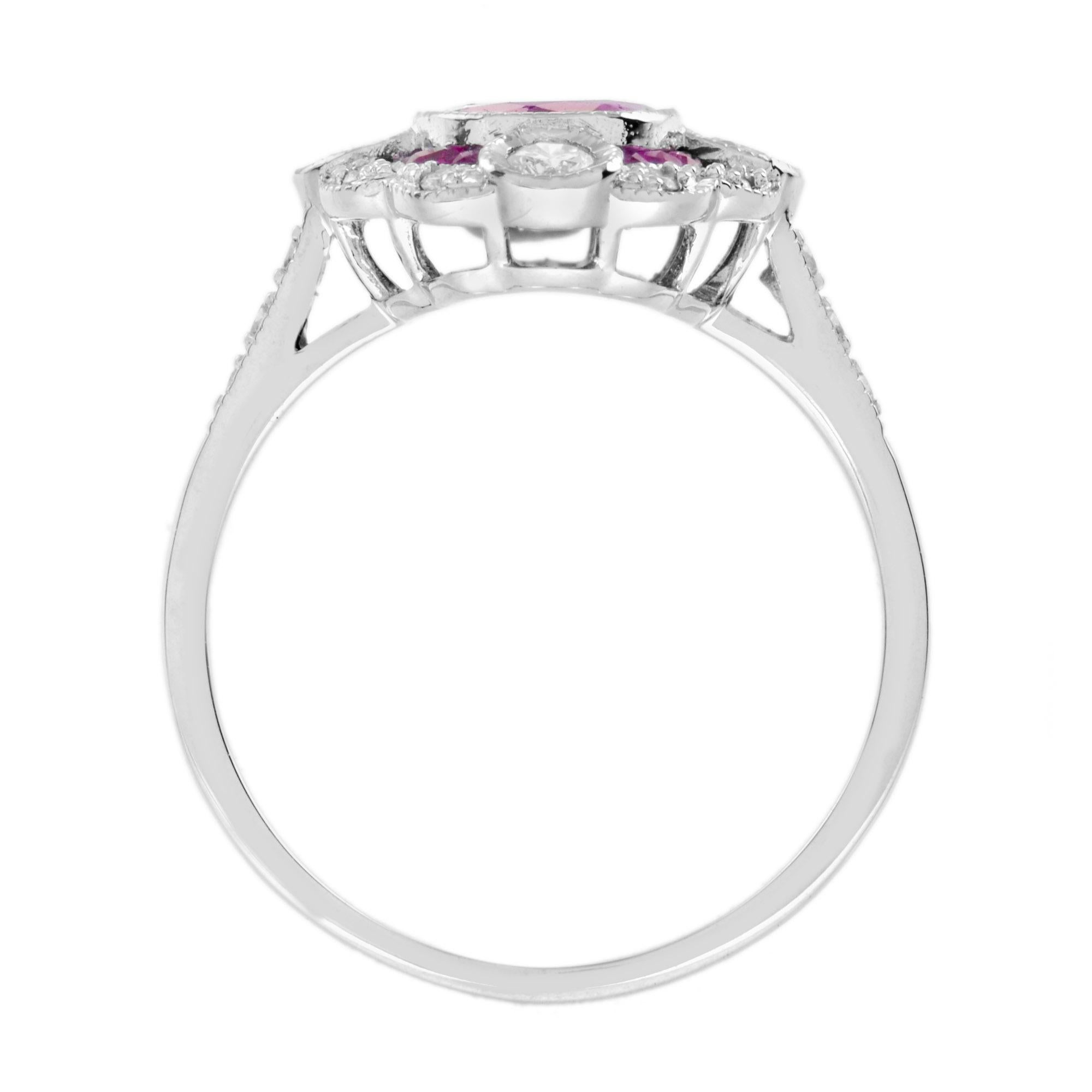 Pink Tourmaline Ruby Diamond Art Deco Style Engagement Ring in 18K White Gold For Sale 1