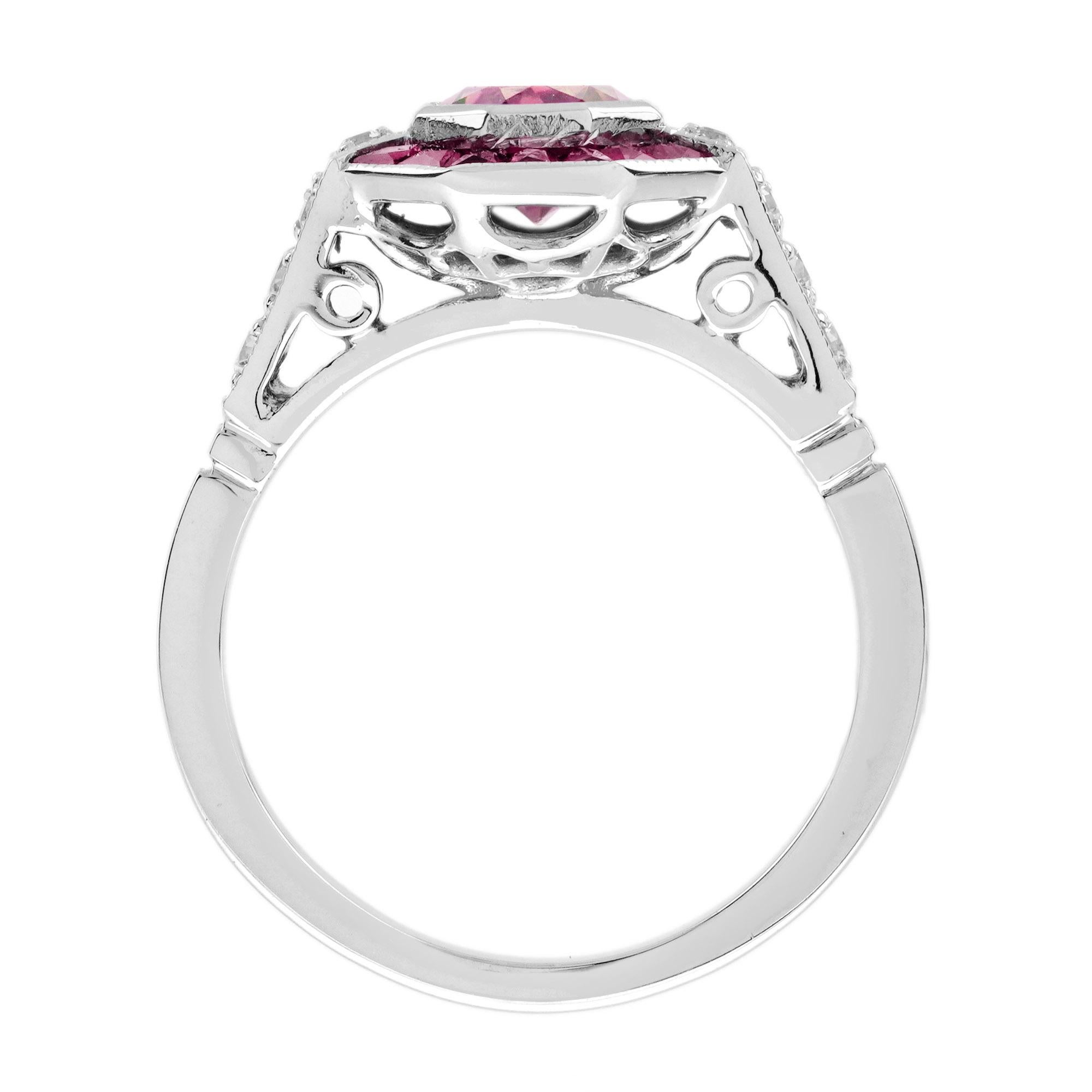Pink Tourmaline Ruby Diamond Art Deco Style Engagement Ring in 18K White Gold For Sale 1