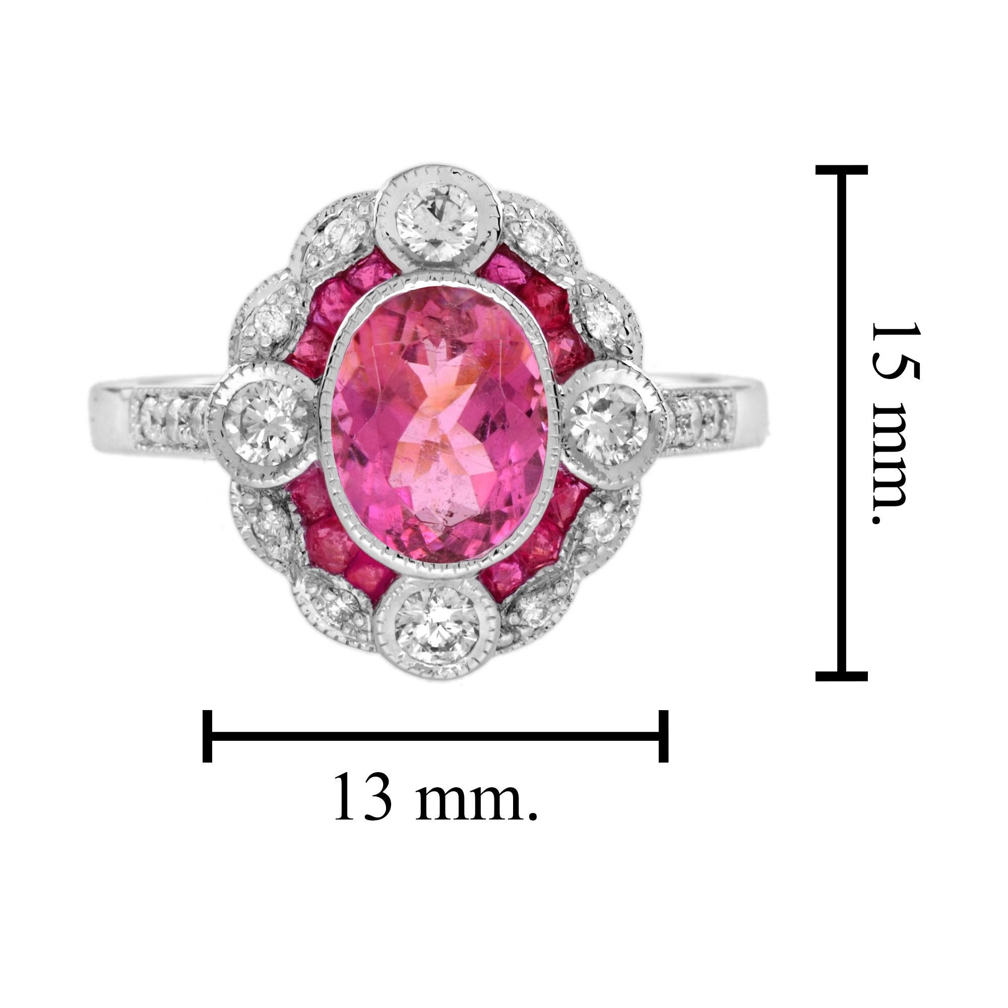 Pink Tourmaline Ruby Diamond Art Deco Style Engagement Ring in 18K White Gold For Sale 2