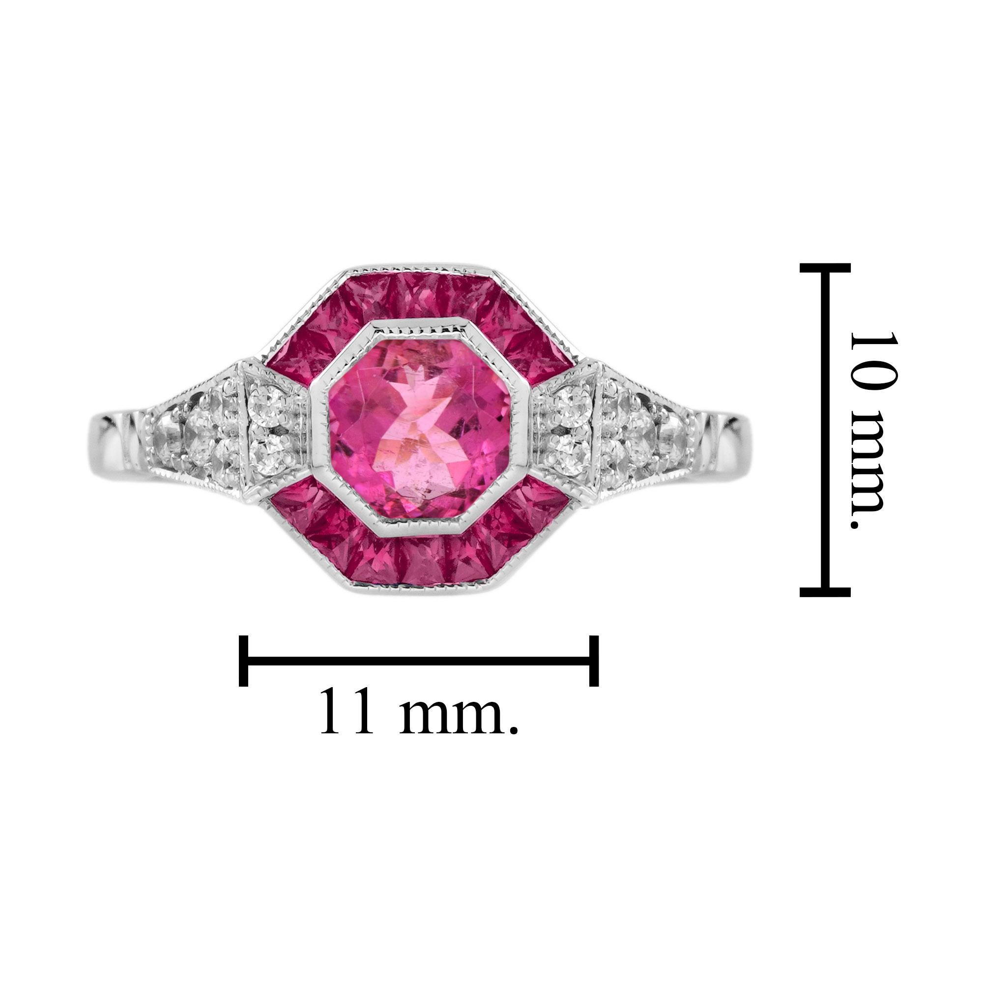 Pink Tourmaline Ruby Diamond Art Deco Style Engagement Ring in 18K White Gold For Sale 2