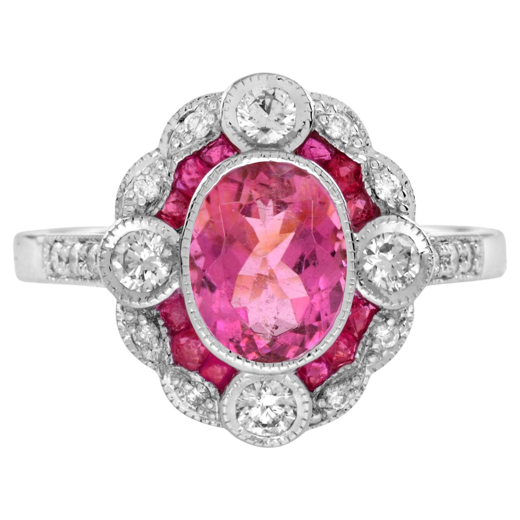 Pink Tourmaline Ruby Diamond Art Deco Style Engagement Ring in 18K White Gold For Sale