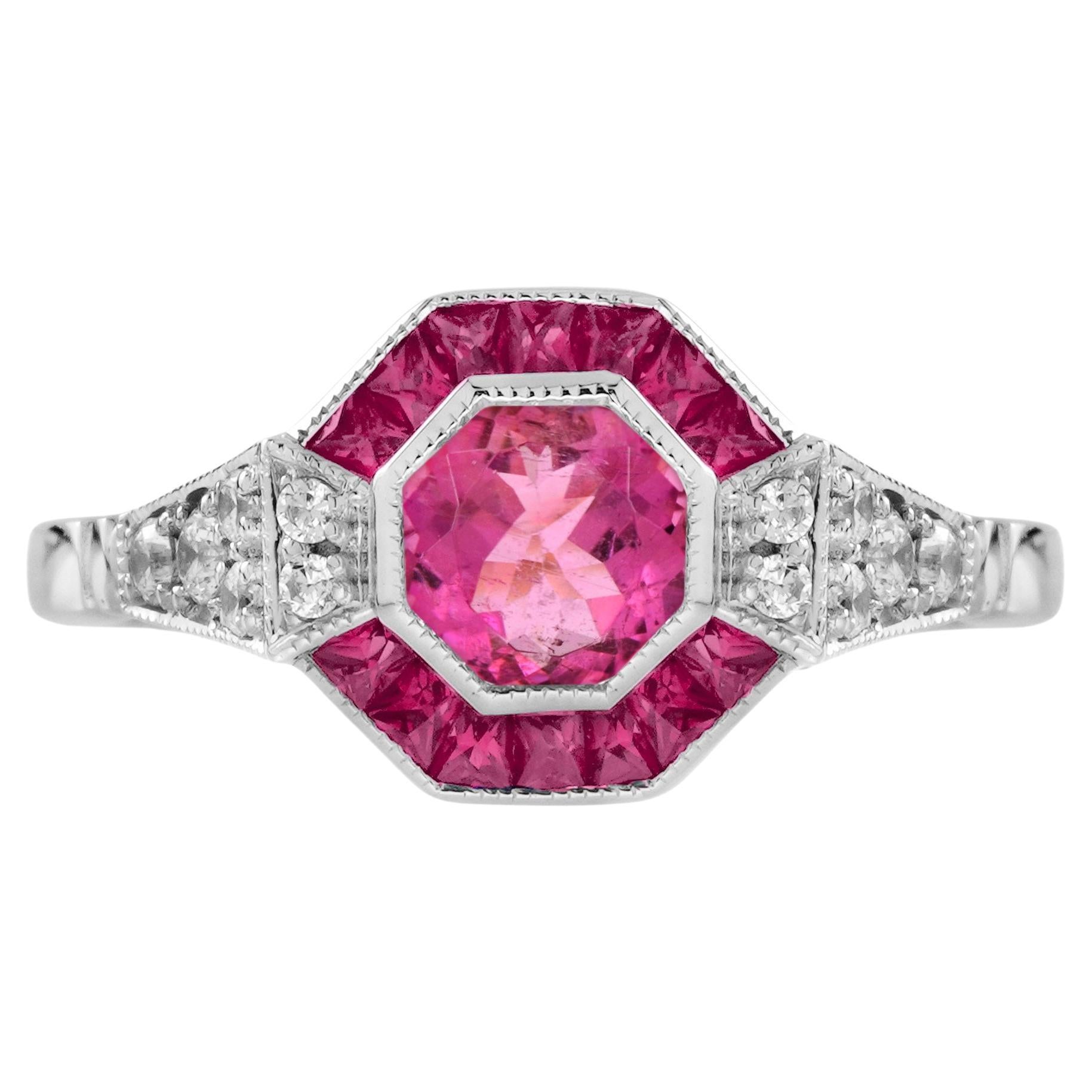 Pink Tourmaline Ruby Diamond Art Deco Style Engagement Ring in 18K White Gold