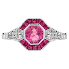 Verlobungsring aus 18 Karat Weißgold mit rosa Turmalin, Rubin und Diamant im Art-déco-Stil
