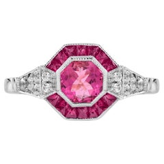 Pink Tourmaline Ruby Diamond Art Deco Style Engagement Ring in 18K White Gold