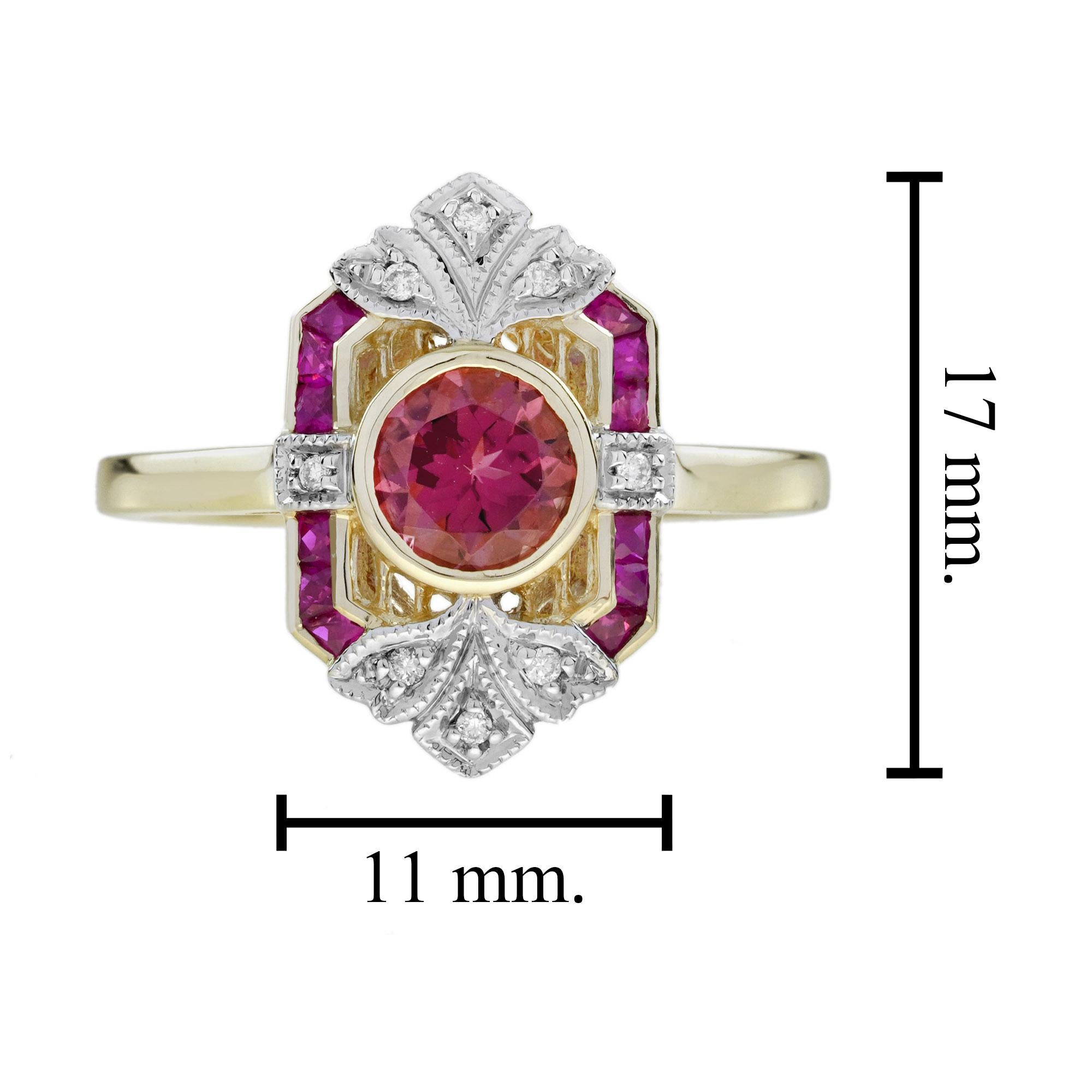 Bague de fiançailles en or jaune 9K avec tourmaline rose, rubis et diamant de style Art Déco en vente 5