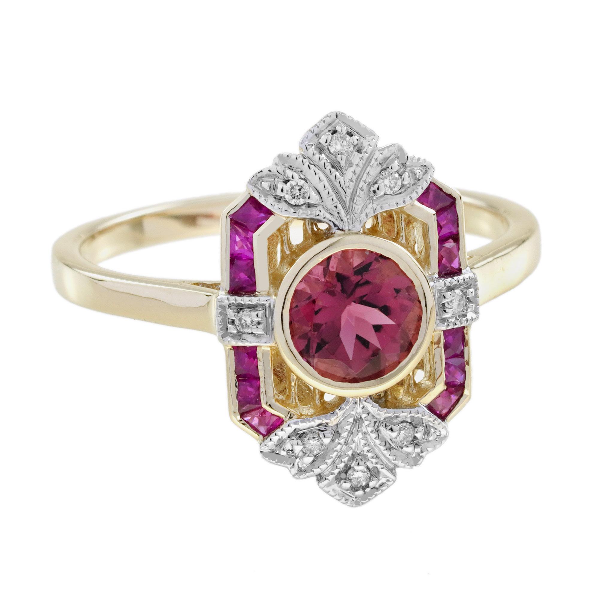 Bague de fiançailles en or jaune 9K avec tourmaline rose, rubis et diamant de style Art Déco en vente 1