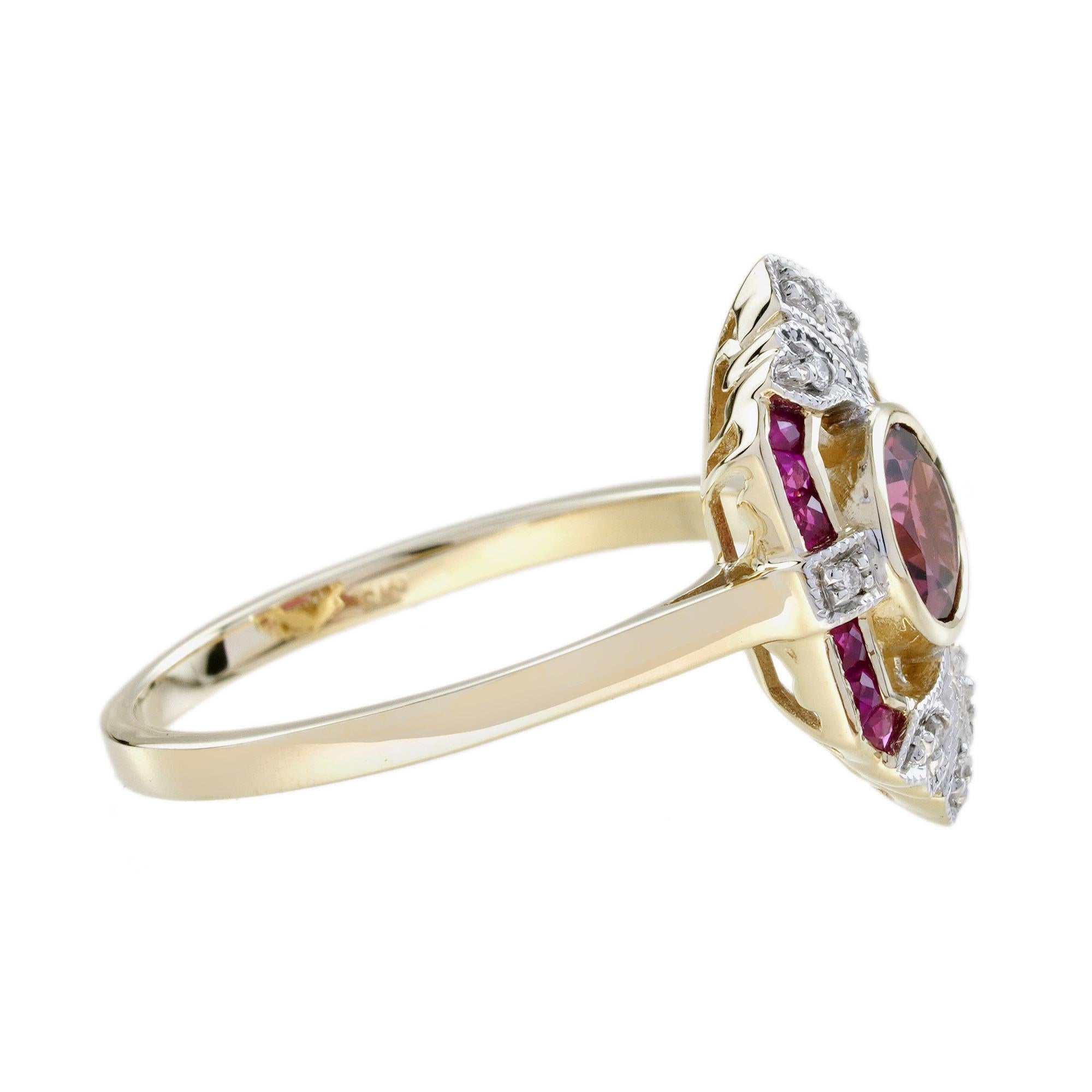 Bague de fiançailles en or jaune 9K avec tourmaline rose, rubis et diamant de style Art Déco en vente 2