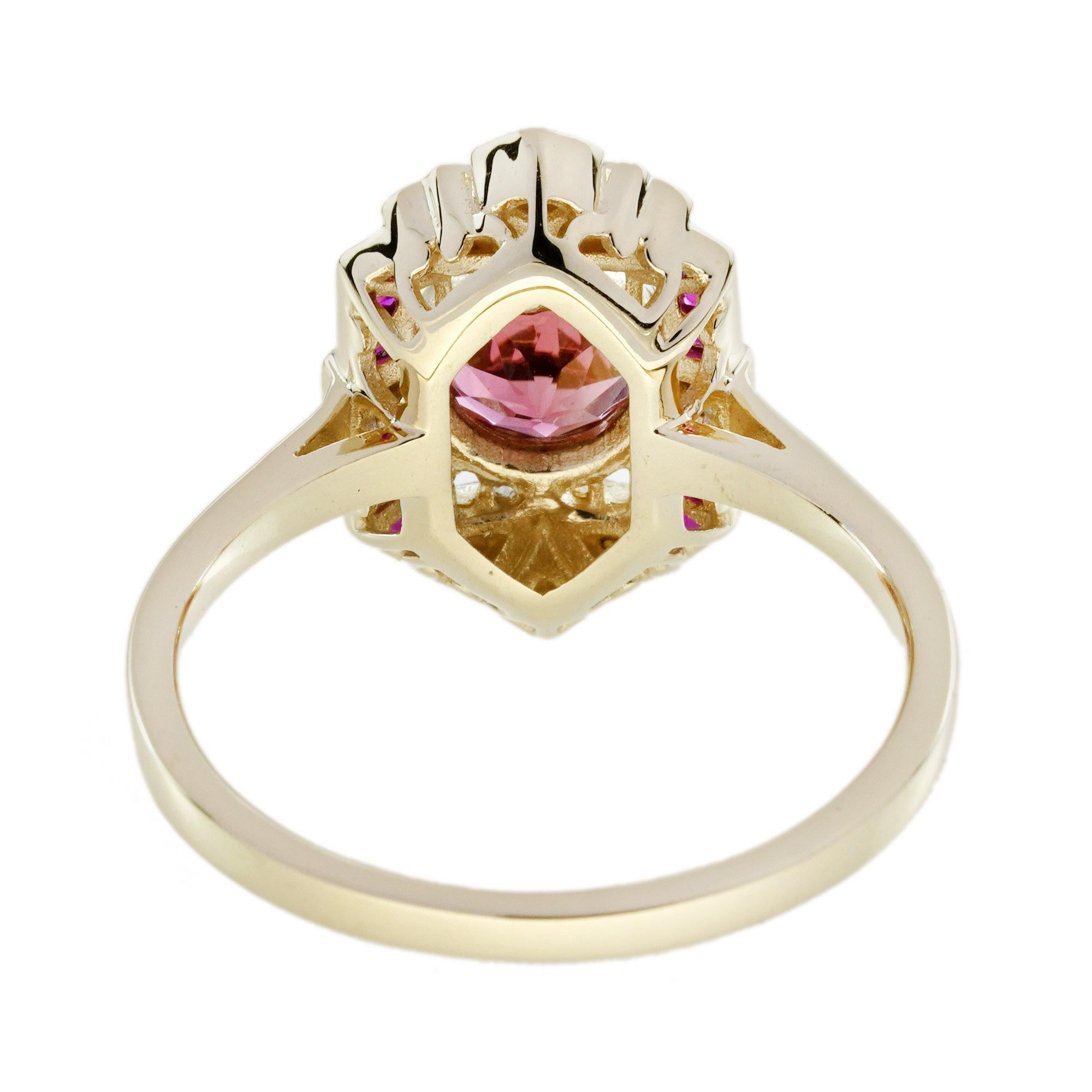 Bague de fiançailles en or jaune 9K avec tourmaline rose, rubis et diamant de style Art Déco en vente 3