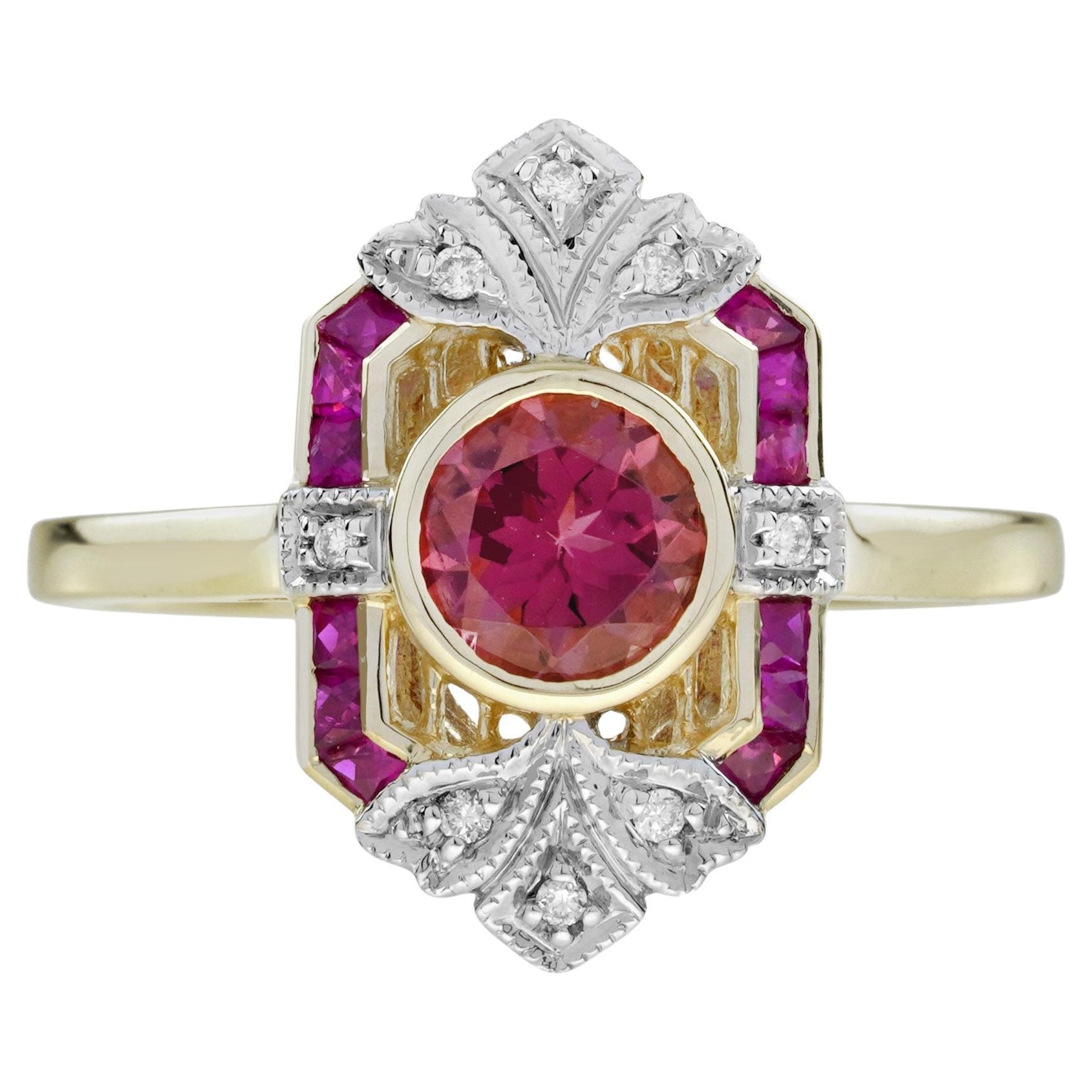 Bague de fiançailles en or jaune 9K avec tourmaline rose, rubis et diamant de style Art Déco