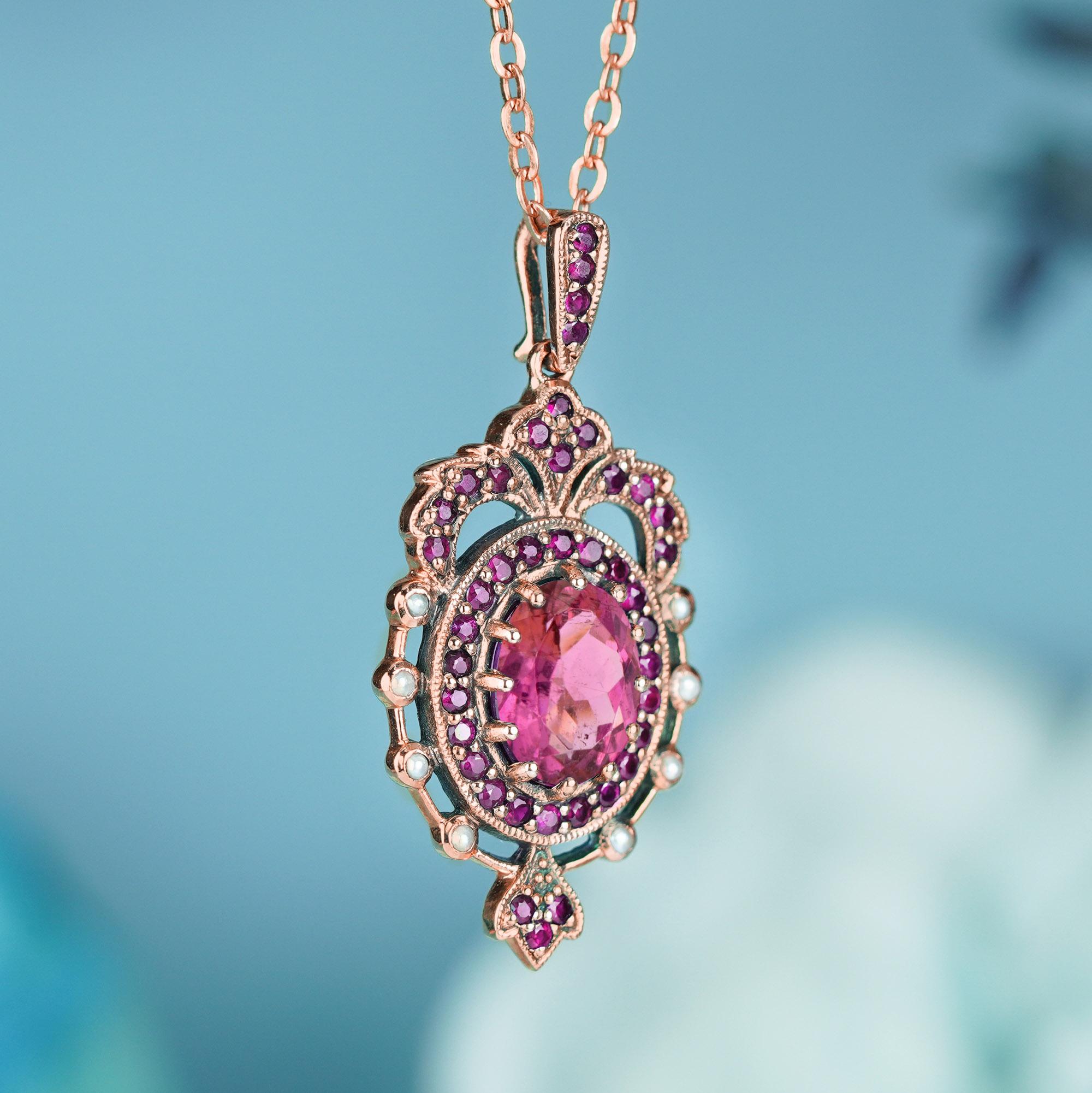 Victorien Tourmaline rose rubis perle pendentif style vintage en or rose 14K en vente