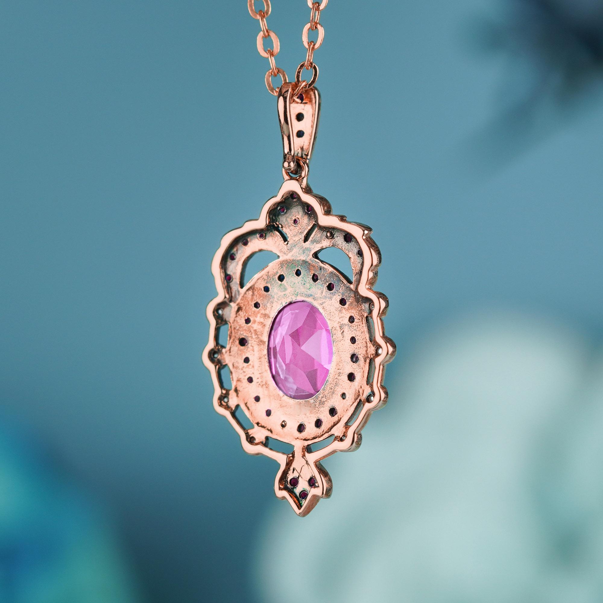 Taille ovale Tourmaline rose rubis perle pendentif style vintage en or rose 14K en vente