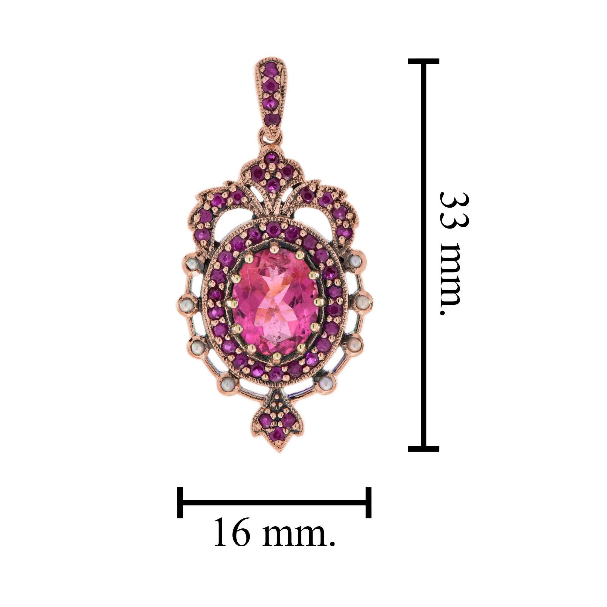 Tourmaline rose rubis perle pendentif style vintage en or rose 14K Neuf - En vente à Bangkok, TH