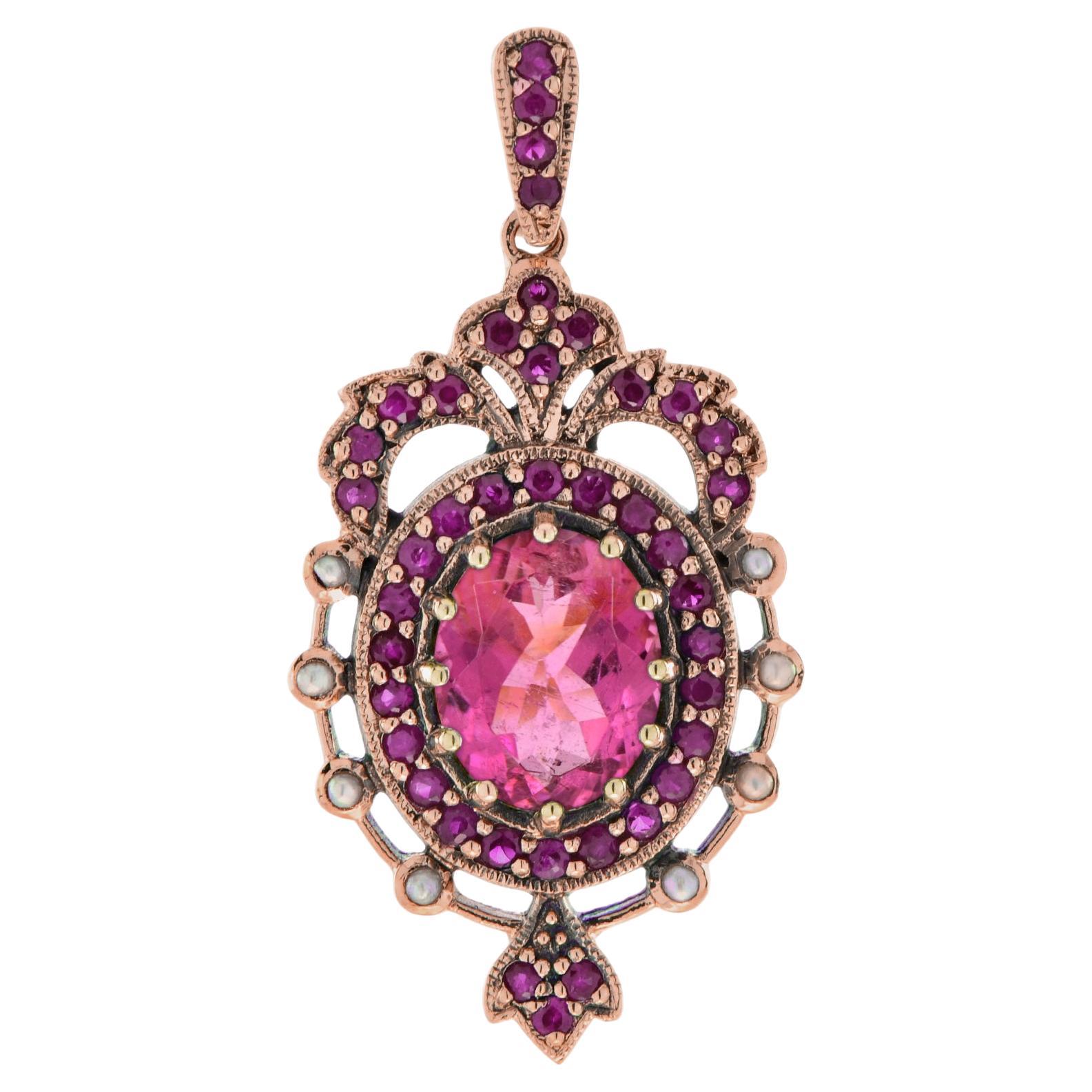 Ciondolo in stile vintage con tormalina rosa e perle di rubino in oro rosa 14K