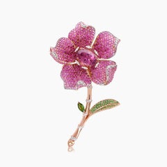 Pink Tourmaline Ruby Pink Sapphire & Multi Gem Floral Rose Gold Pin Brooch
