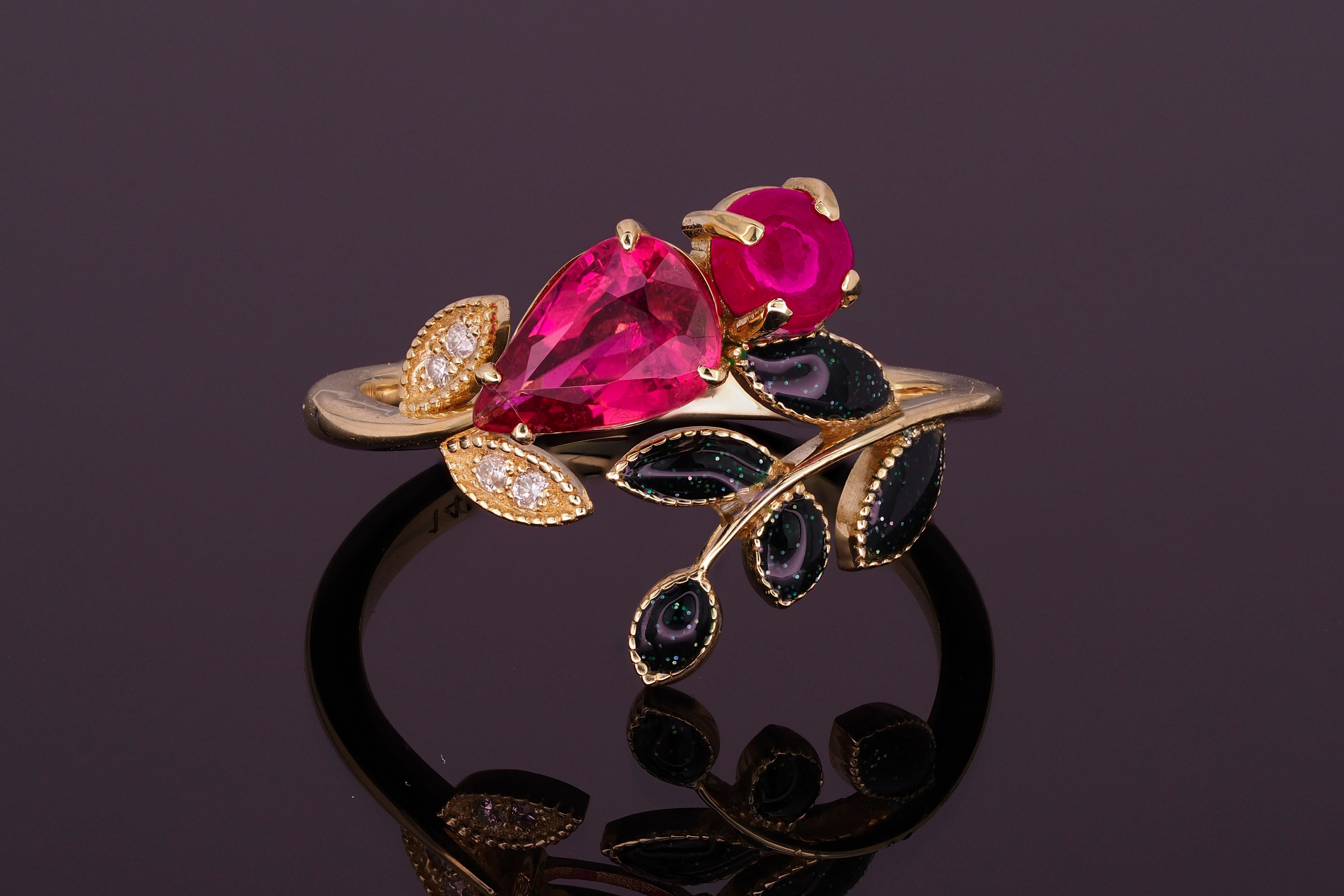 Pink tourmaline, ruby ring in 14k gold. 
Pear tourmaline gold ring. Rubelite tourmaline and ruby gold ring. Flower gold ting. Open ended ring.

Metal: 14k gold
Weight: 2.55 g. depends from size.

Set with tourmaline, pink color.
Pear shape, approx