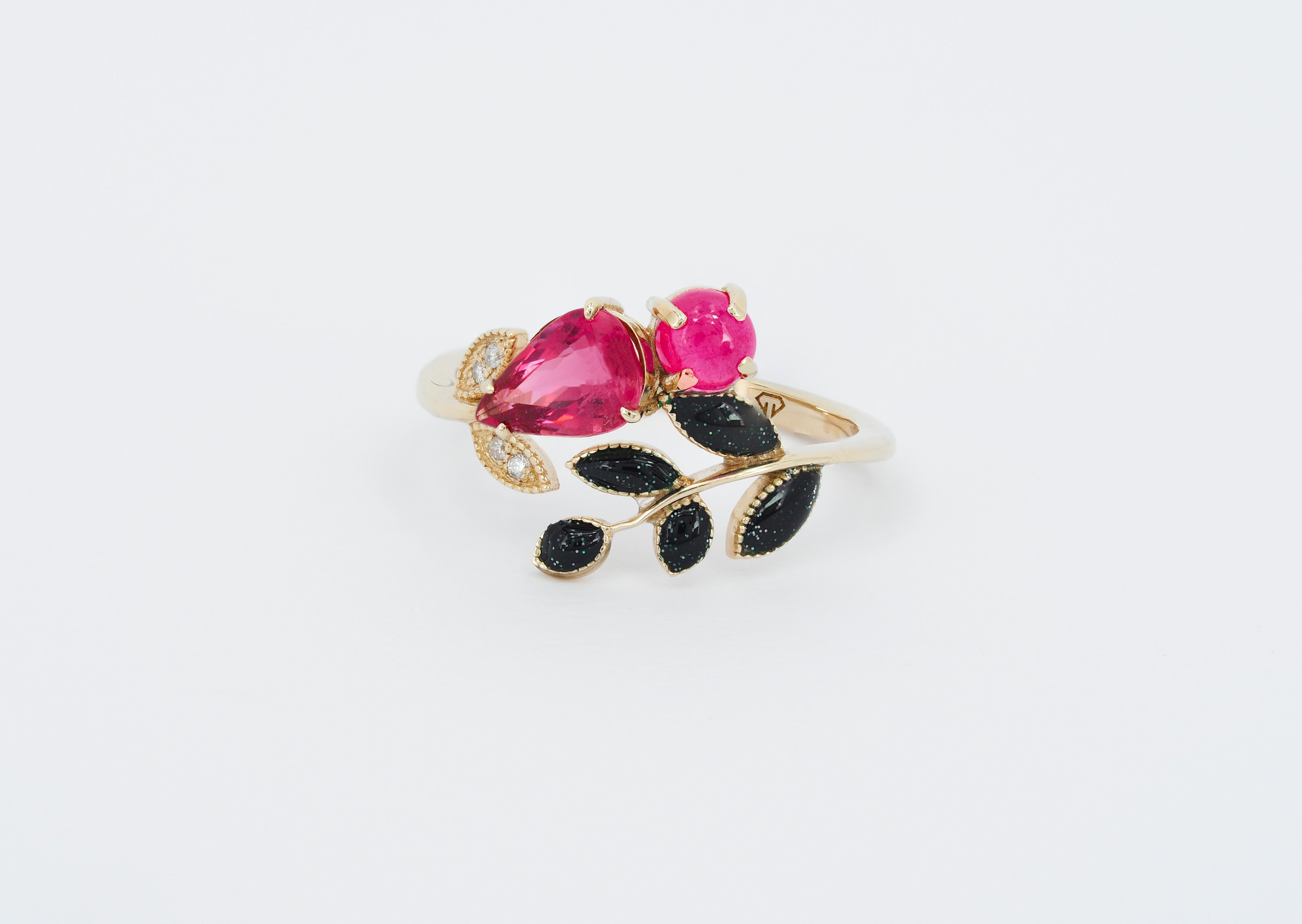 Pink tourmaline, ruby ring in 14k gold.  In New Condition For Sale In Istanbul, TR