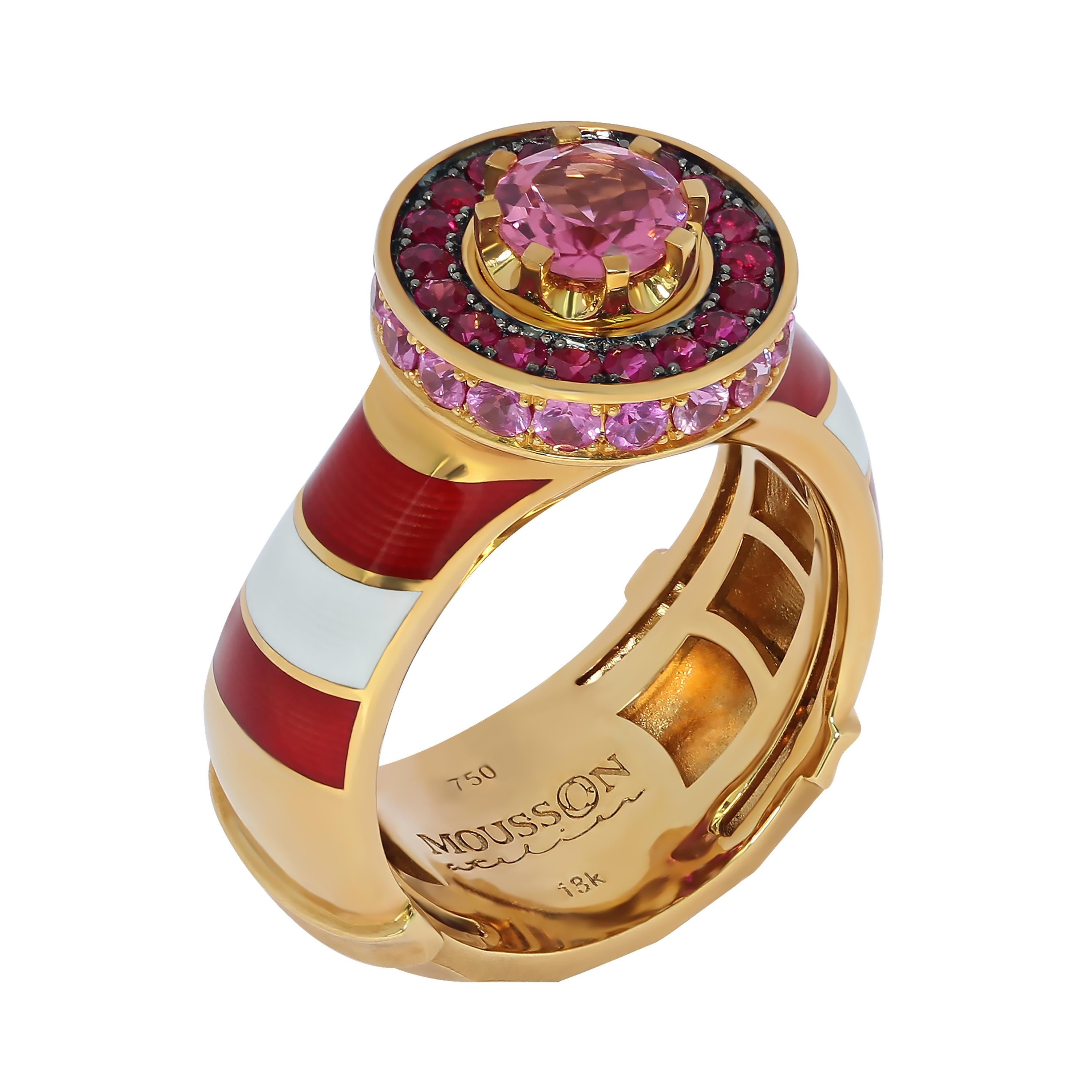 Pink Tourmaline Ruby Sapphire 18 Karat Yellow Gold Lighthouse Ring
The lighthouse is the place where the light is born and after a moment the light dies and it repeats again and again. Since the days of the famous Alexandria Lighthouse, the towers