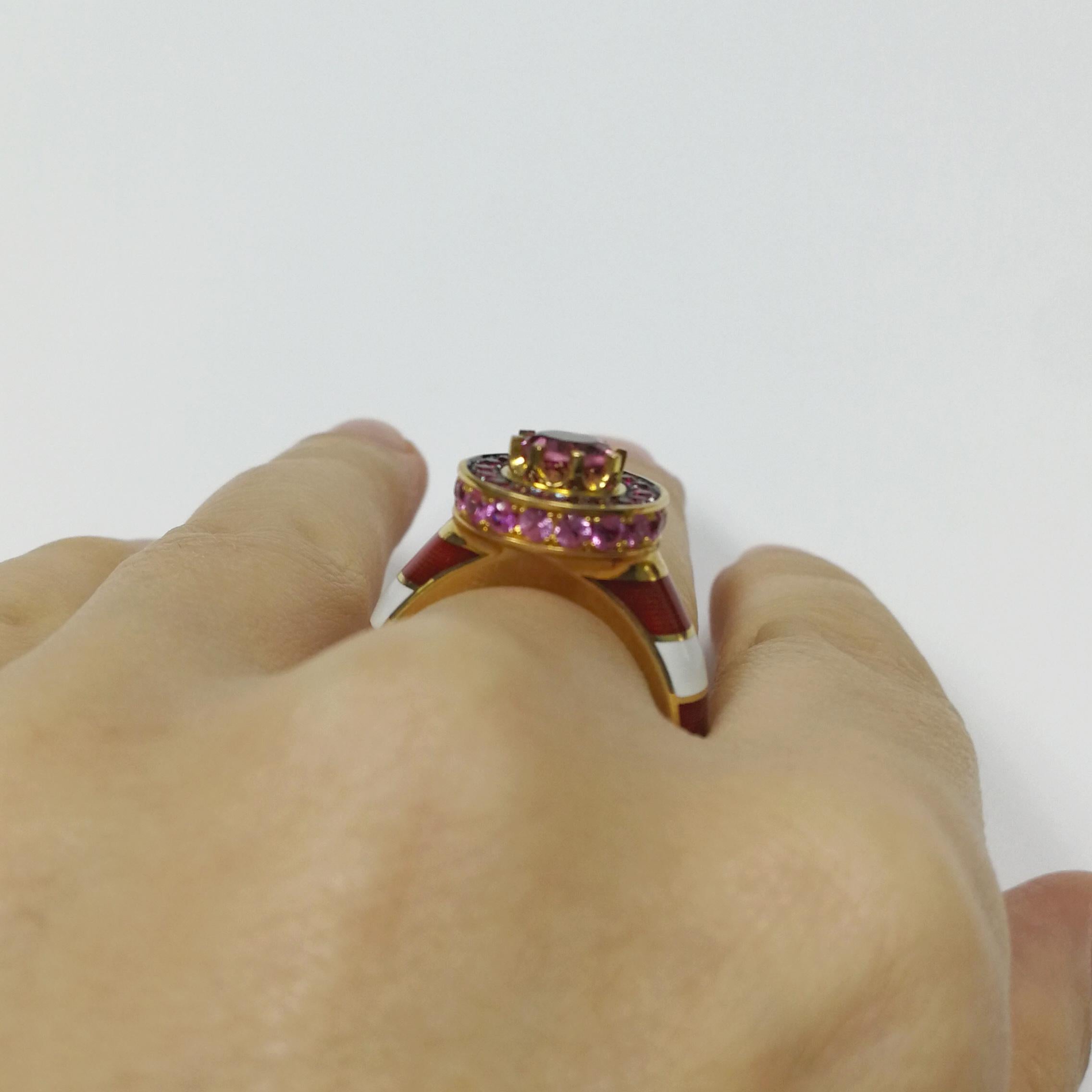 Pink Tourmaline Ruby Sapphire 18 Karat Yellow Gold Lighthouse Ring In New Condition For Sale In Bangkok, TH