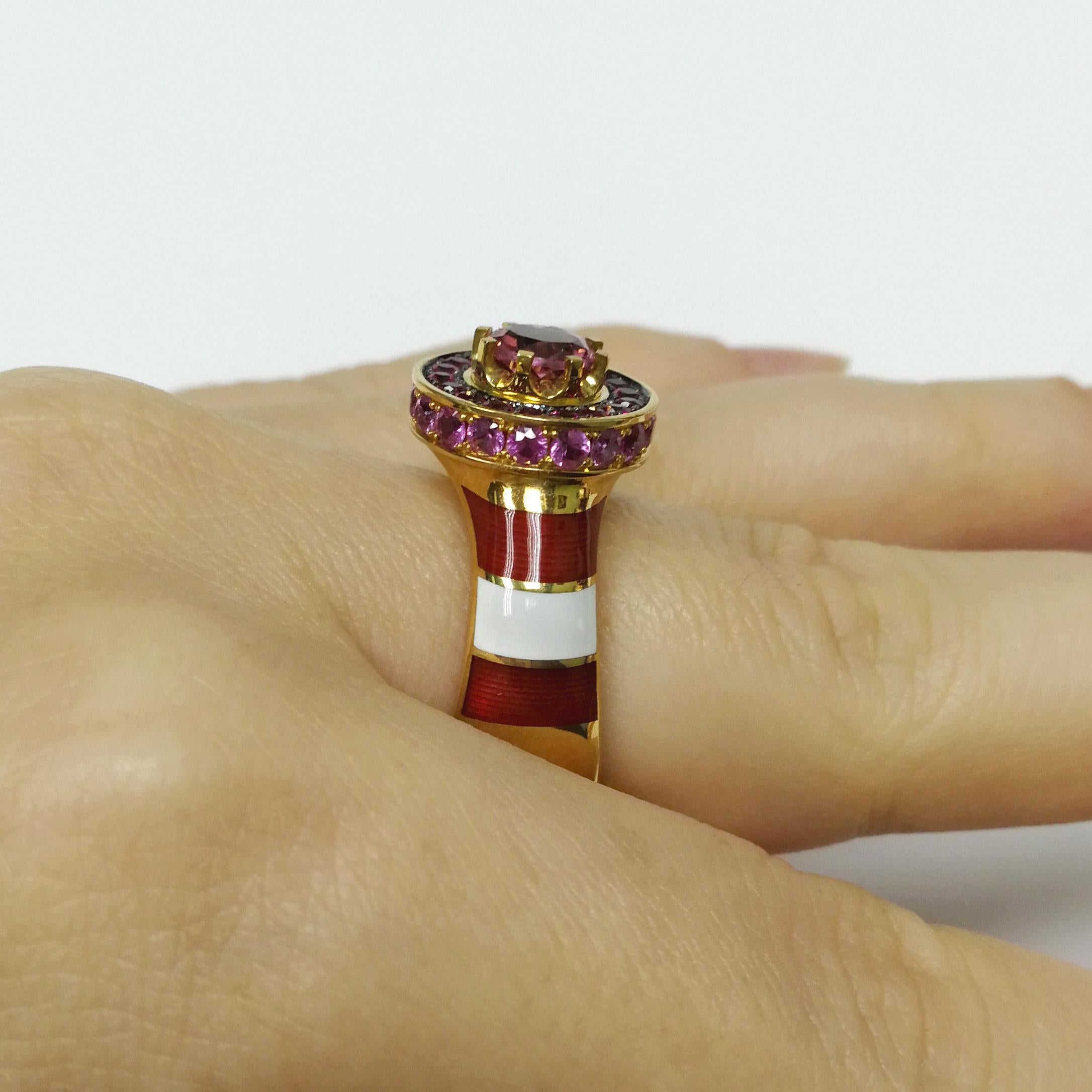 Women's Pink Tourmaline Ruby Sapphire 18 Karat Yellow Gold Lighthouse Ring For Sale