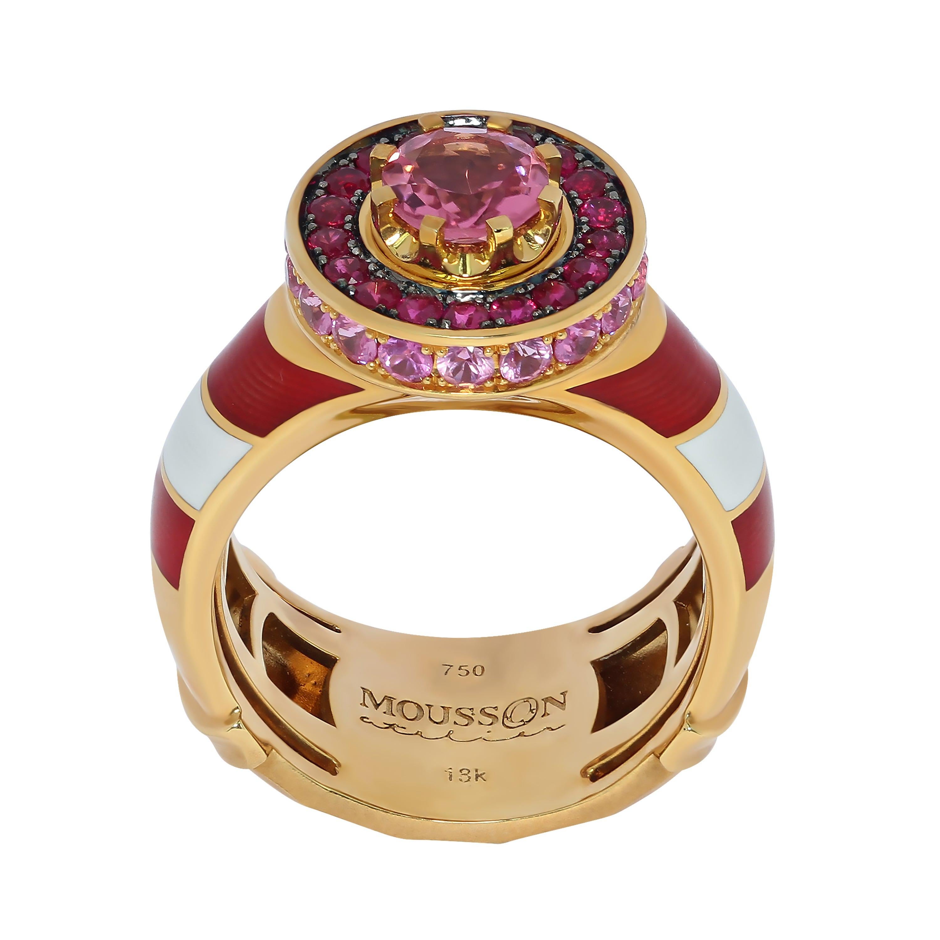 Pink Tourmaline Ruby Sapphire 18 Karat Yellow Gold Lighthouse Ring