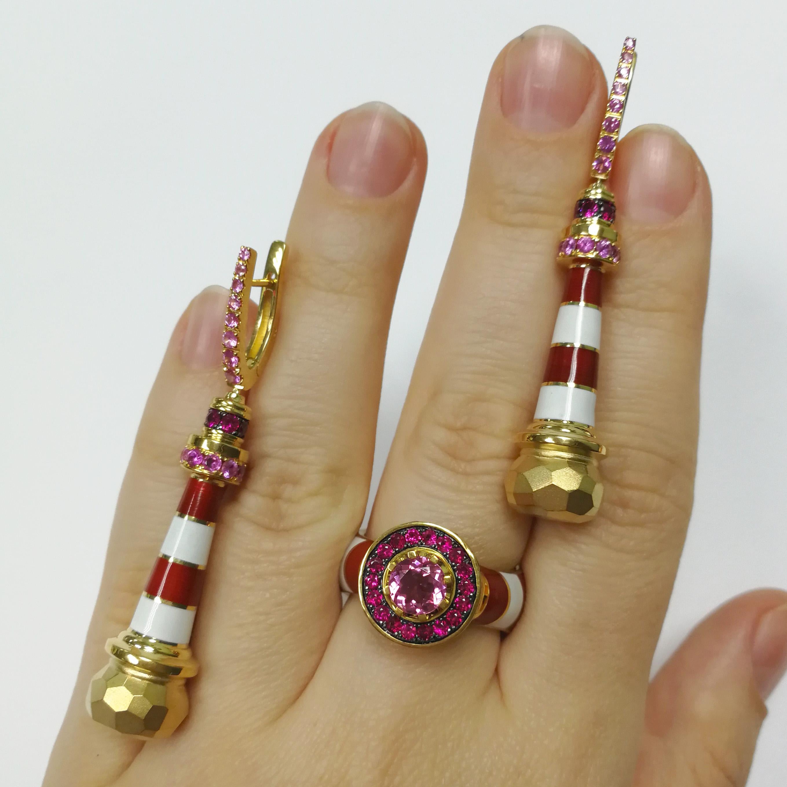 Pink Tourmaline Ruby Sapphire 18 Karat Yellow Gold Lighthouse Suite
The lighthouse is the place where the light is born and after a moment the light dies and it repeats again and again. Since the days of the famous Alexandria Lighthouse, the towers