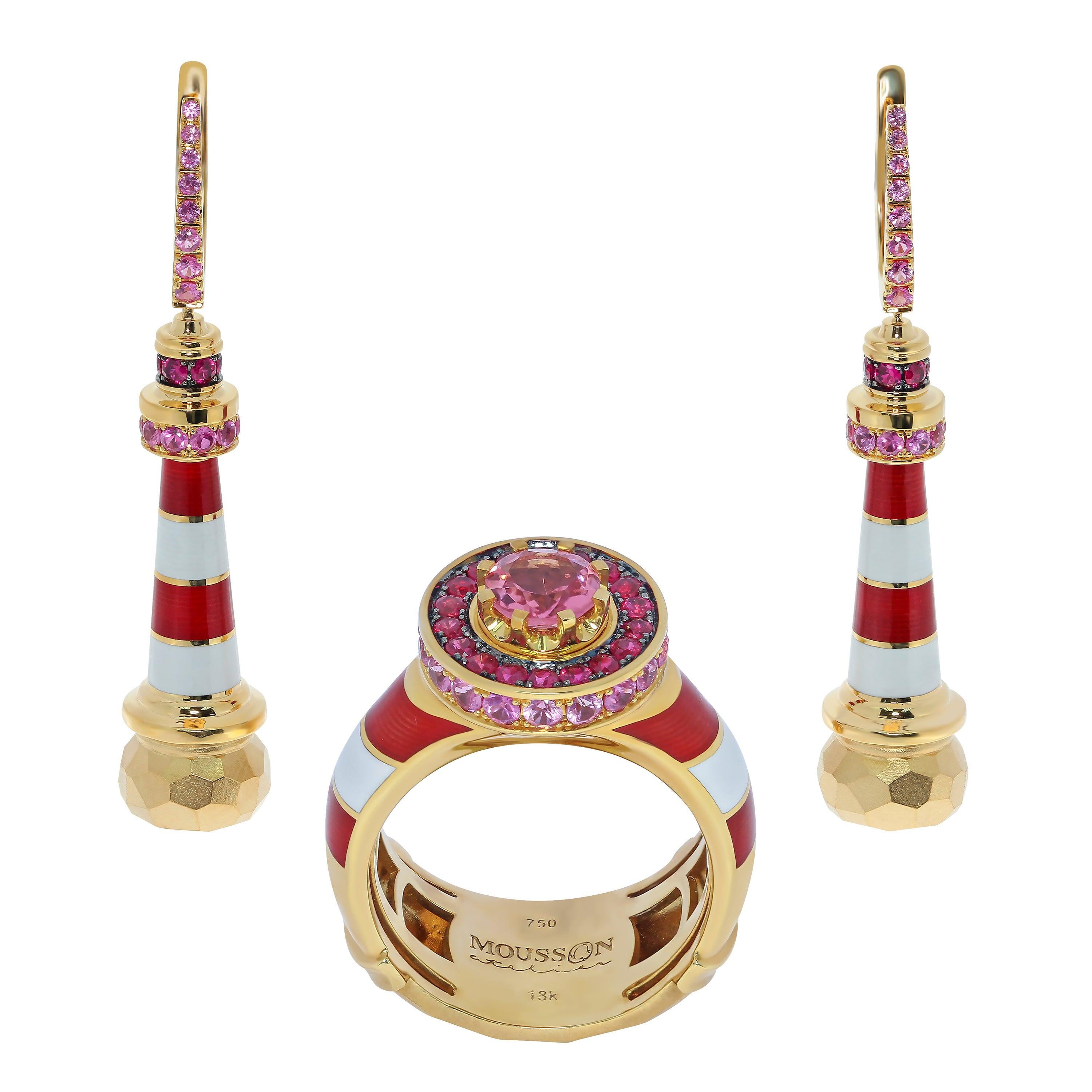 Suite phare en or jaune 18 carats avec tourmaline rose, rubis et saphirs