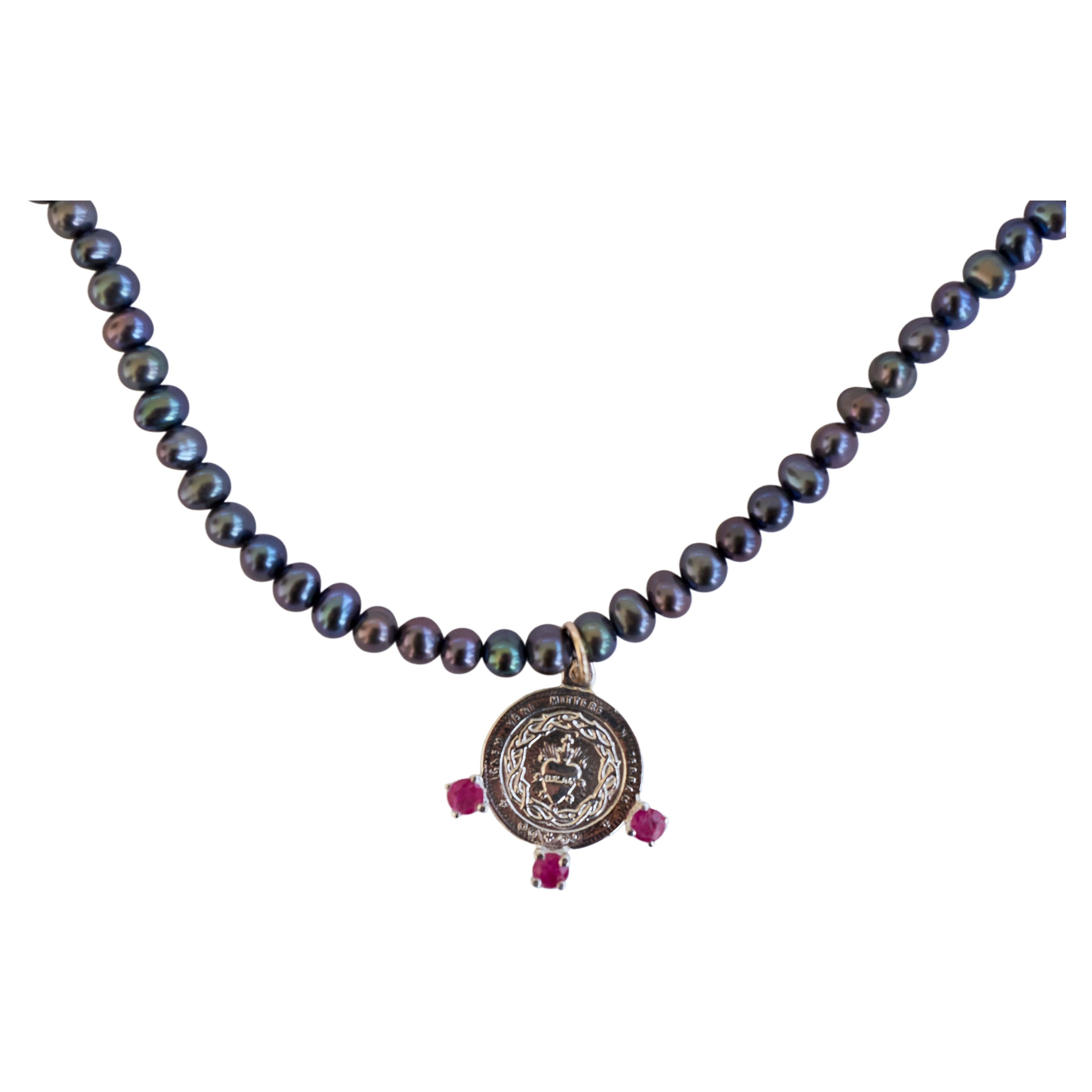 Halskette mit rosa Turmalin, Heiliges Herz, schwarze Perle, Silber J Dauphin