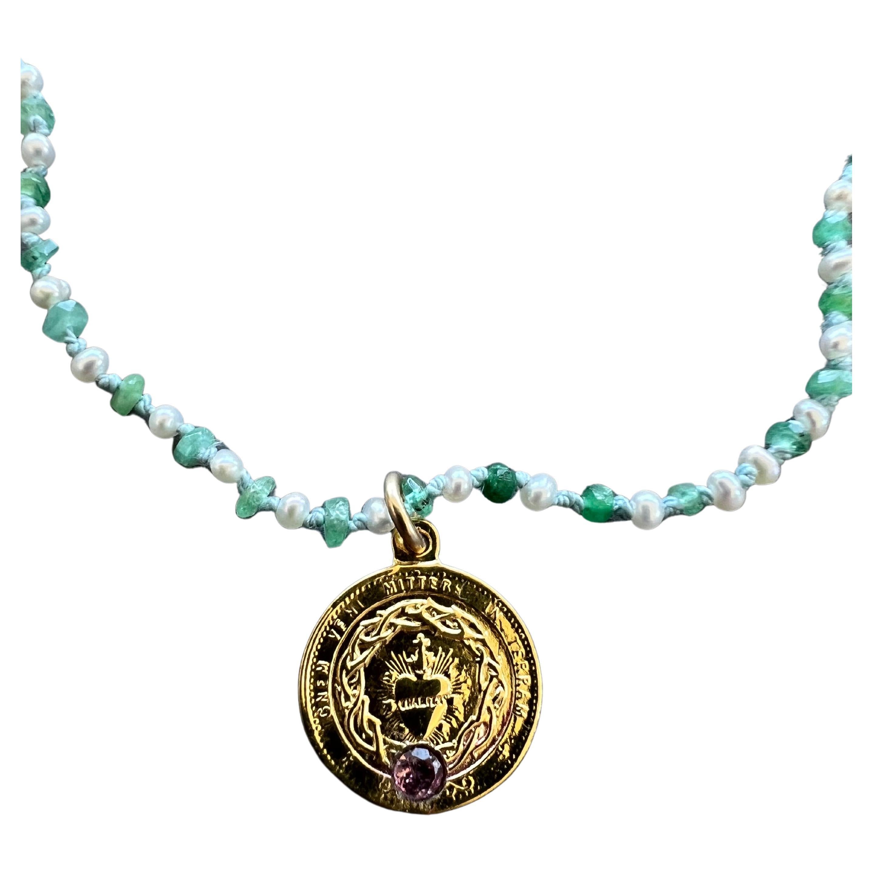 Pink Tourmaline Sacred Heart White Pearl Emerald Beaded Choker Necklace