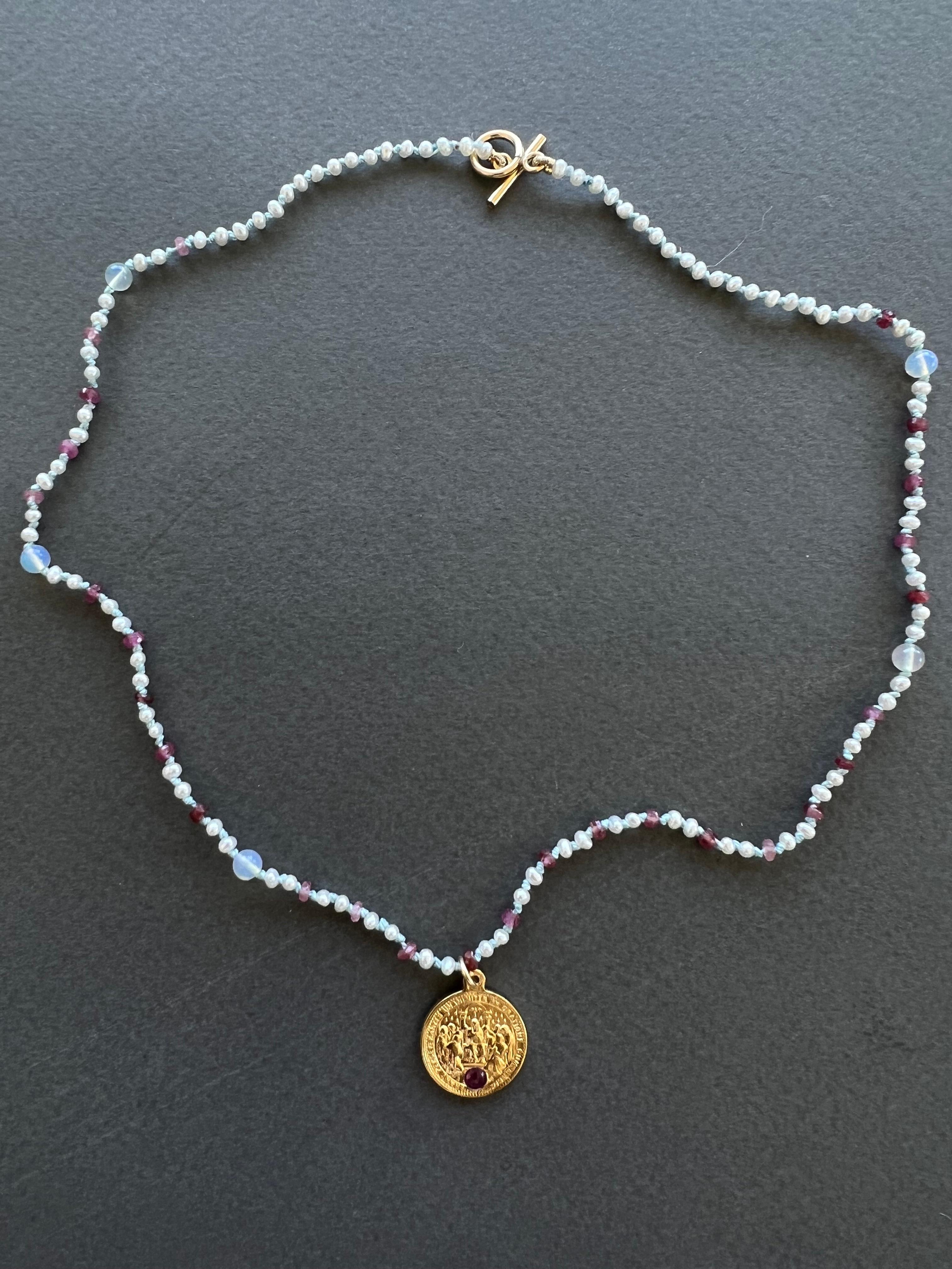 Pink Tourmaline Sacred Heart White Pearl Opal Ruby Beaded Choker Necklace For Sale 3