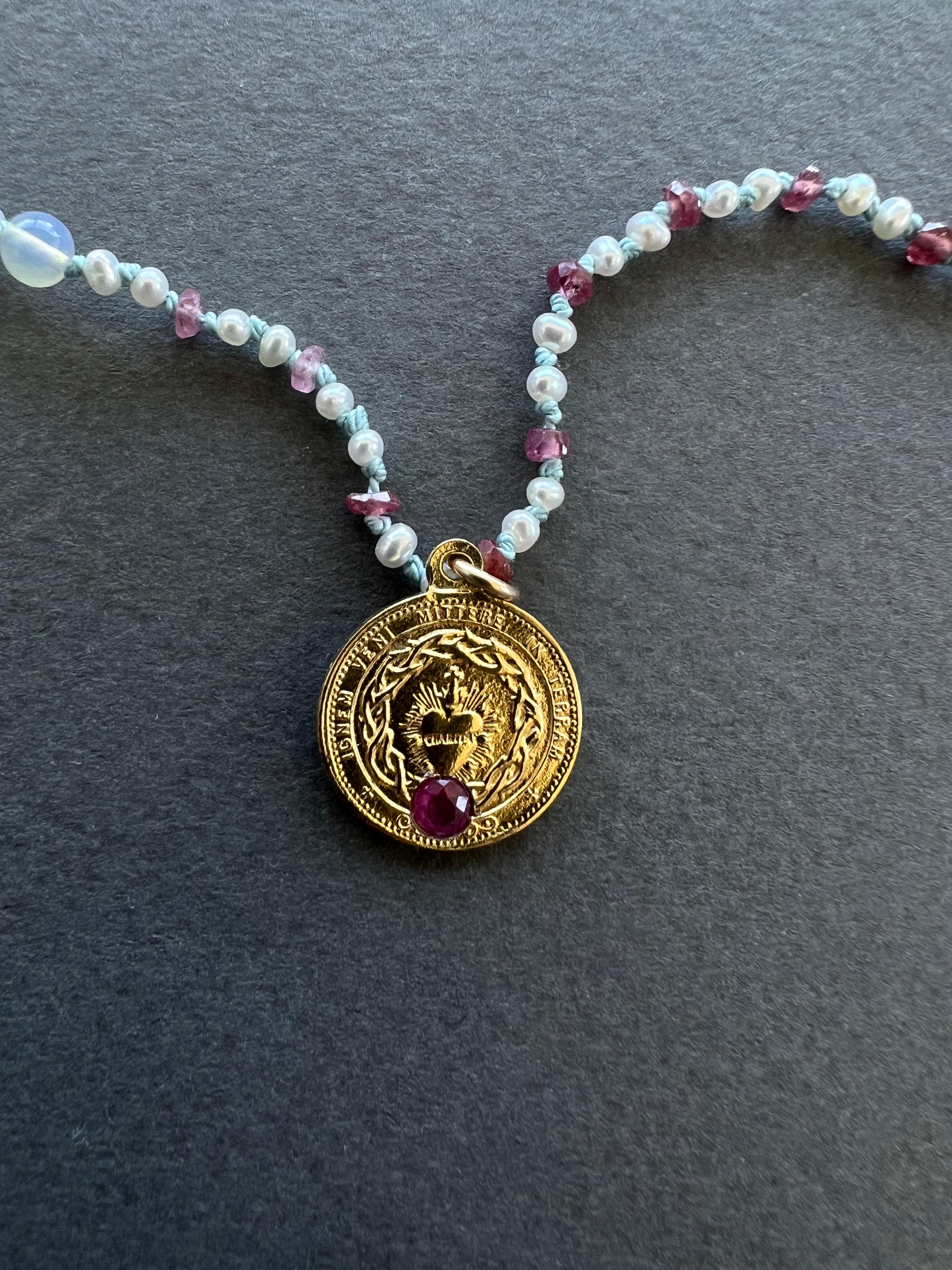Pink Tourmaline Sacred Heart White Pearl Opal Ruby Beaded Choker Necklace For Sale 5