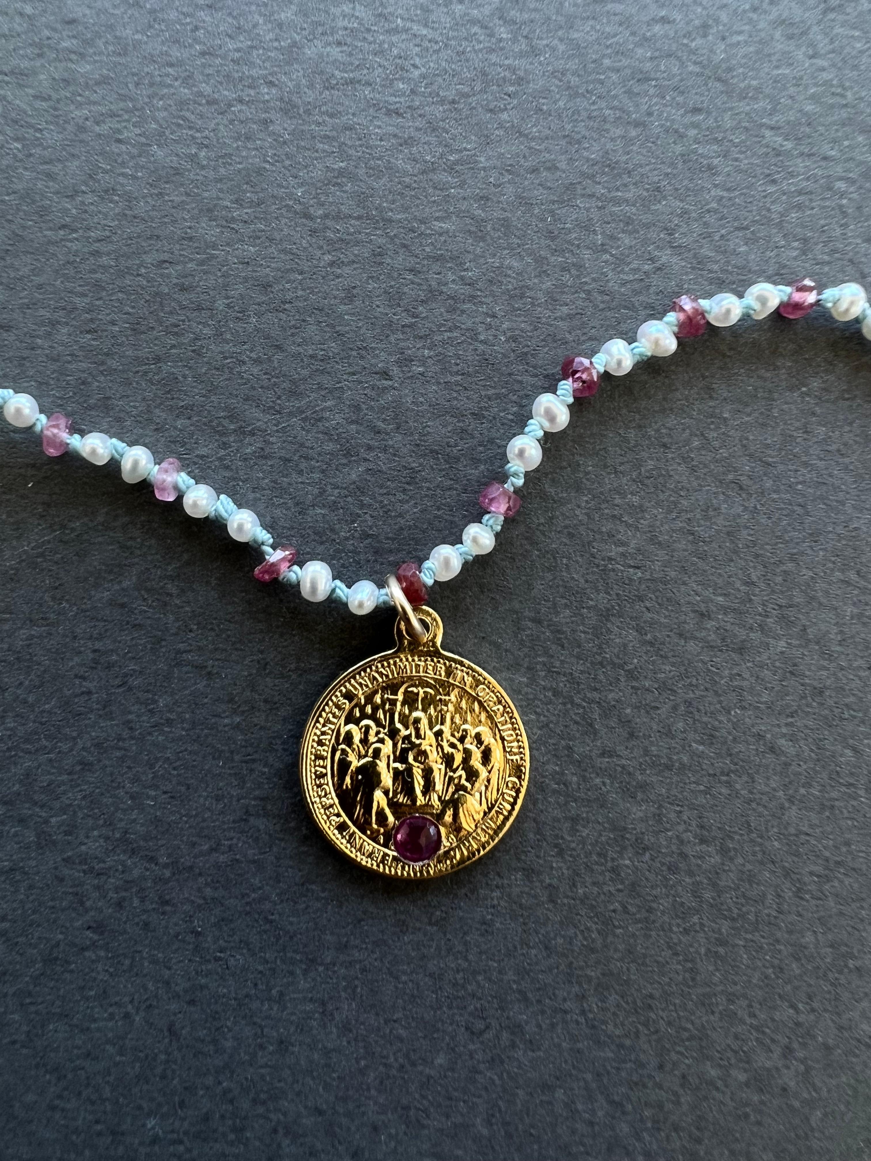 Victorian Pink Tourmaline Sacred Heart White Pearl Opal Ruby Beaded Choker Necklace For Sale